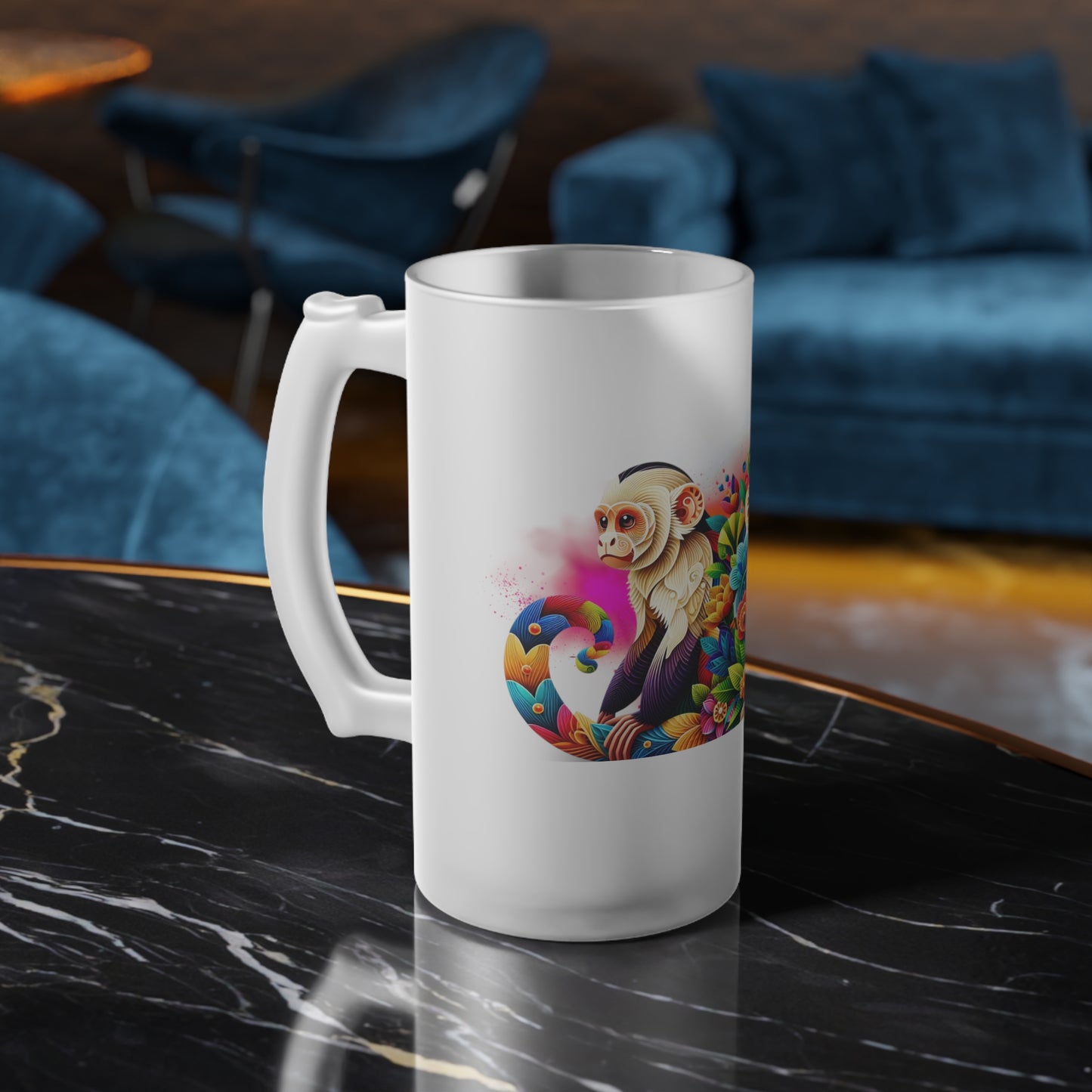 Frosted glass beer mug featuring a vibrant jungle monkey design inspired by tropical rain forest colors. Perfect for breweries, bars, and home beer brewing, this custom mug adds a unique twist of style and creativity to every sip, making it ideal for parties and holiday gatherings.