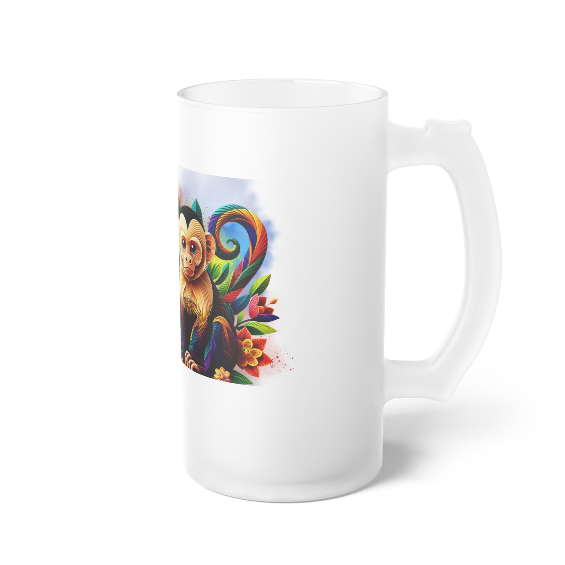 Frosted glass beer mug featuring a vibrant jungle monkey design inspired by tropical rain forest colors. Perfect for breweries, bars, and home beer brewing, this custom mug adds a unique twist of style and creativity to every sip, making it ideal for parties and holiday gatherings.