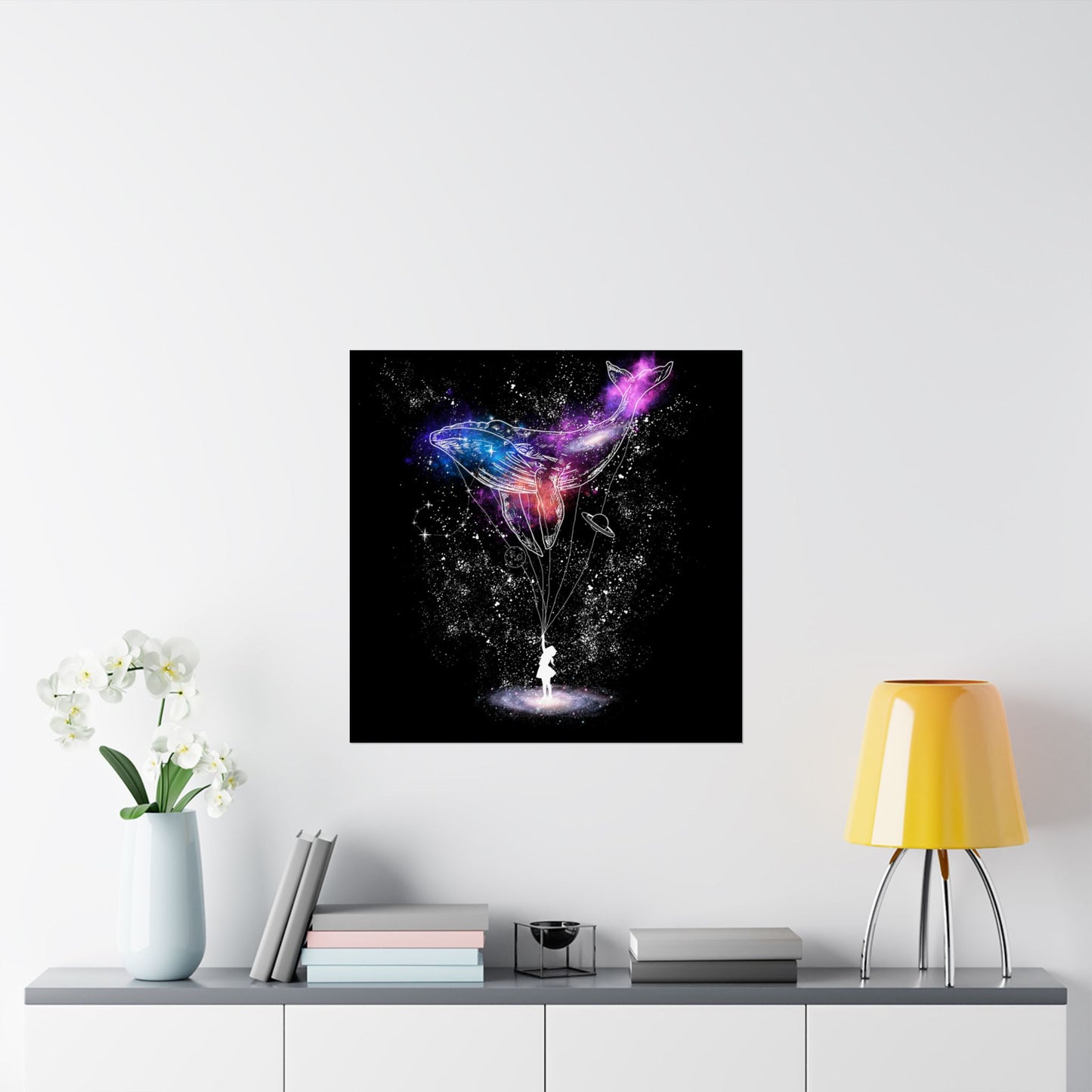 Cosmic Whale Vertical Poster featuring a surreal cosmic whale and stargazing girl beneath a starry sky. This dreamy wall art is printed on fade-resistant, gallery-quality materials, perfect for nurseries, bedrooms, and creative spaces. Ideal for fantasy lovers and stargazing enthusiasts, it adds celestial beauty to any home or office decor.