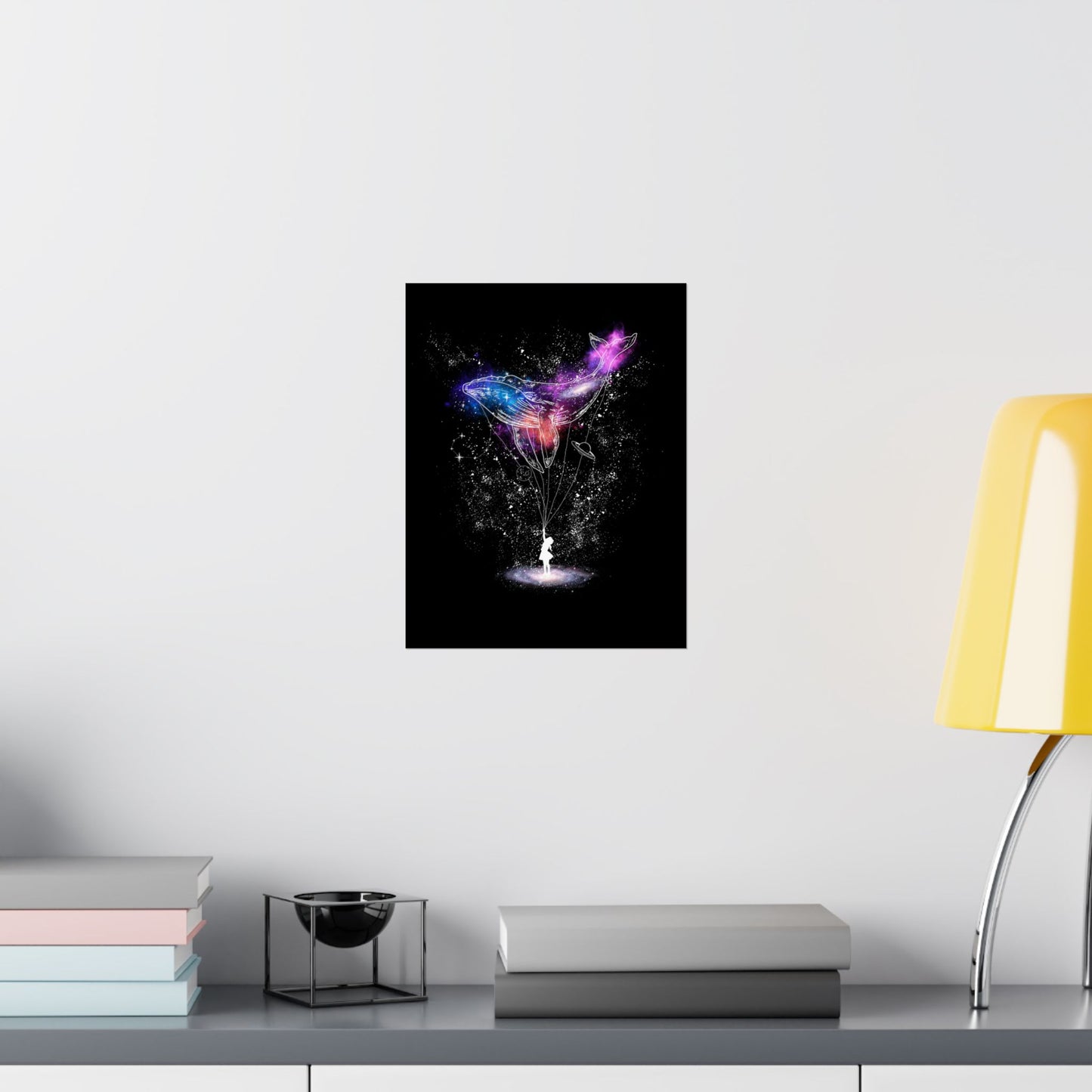 Cosmic Whale Vertical Poster featuring a surreal cosmic whale and stargazing girl beneath a starry sky. This dreamy wall art is printed on fade-resistant, gallery-quality materials, perfect for nurseries, bedrooms, and creative spaces. Ideal for fantasy lovers and stargazing enthusiasts, it adds celestial beauty to any home or office decor.