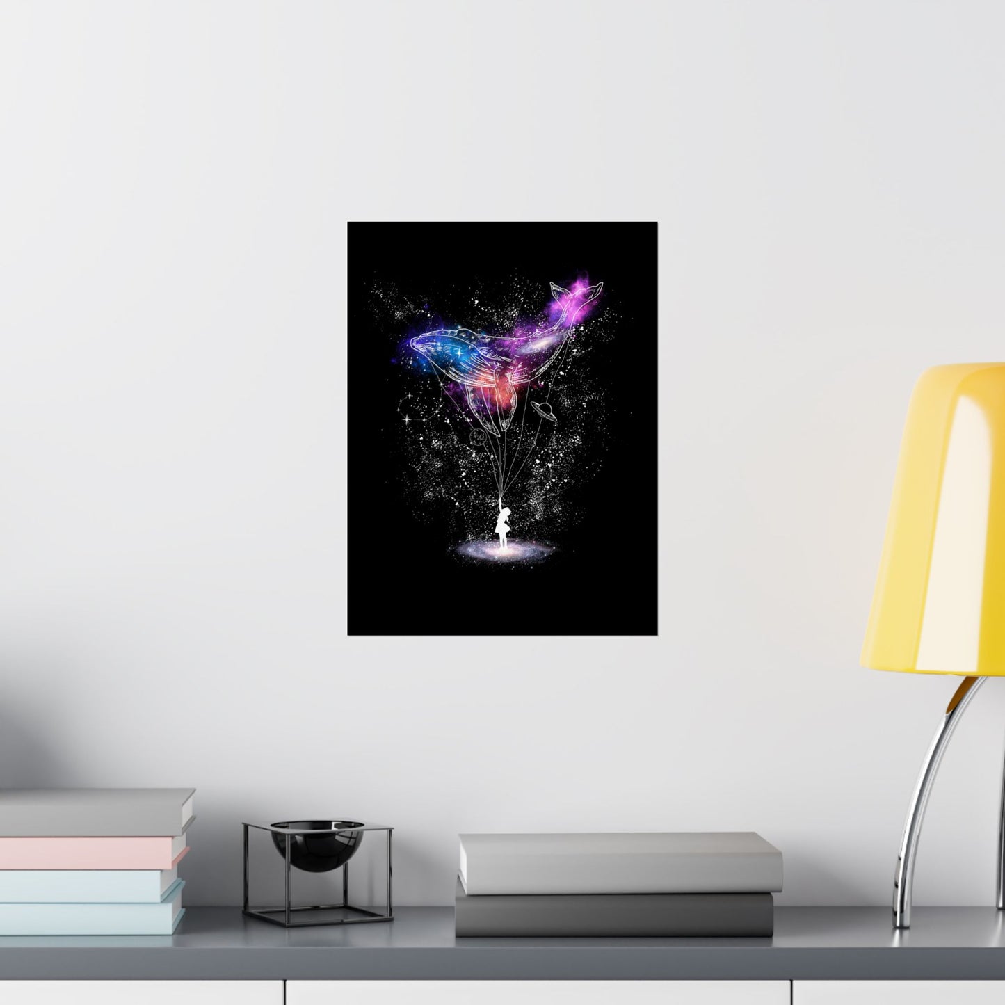 Cosmic Whale Vertical Poster featuring a surreal cosmic whale and stargazing girl beneath a starry sky. This dreamy wall art is printed on fade-resistant, gallery-quality materials, perfect for nurseries, bedrooms, and creative spaces. Ideal for fantasy lovers and stargazing enthusiasts, it adds celestial beauty to any home or office decor.