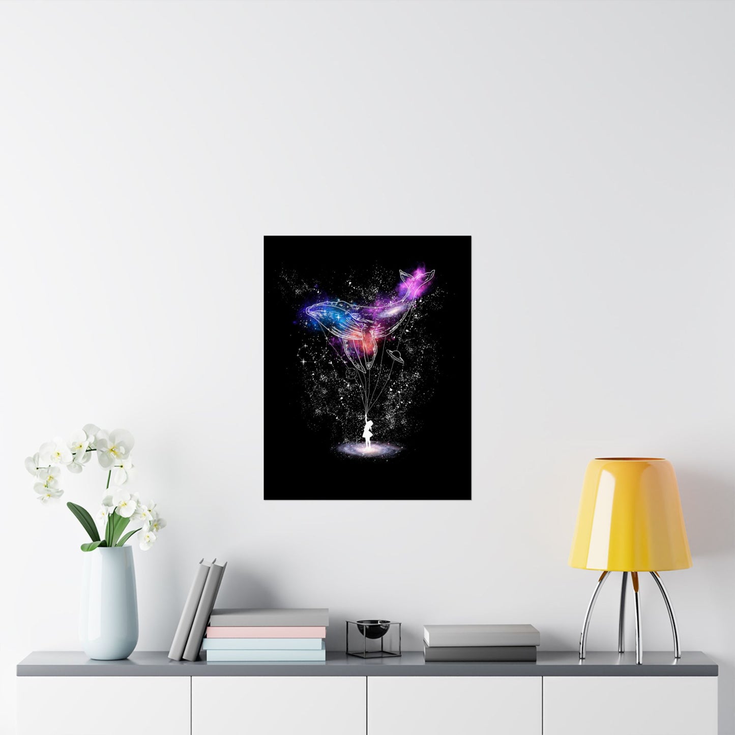 Cosmic Whale Vertical Poster featuring a surreal cosmic whale and stargazing girl beneath a starry sky. This dreamy wall art is printed on fade-resistant, gallery-quality materials, perfect for nurseries, bedrooms, and creative spaces. Ideal for fantasy lovers and stargazing enthusiasts, it adds celestial beauty to any home or office decor.