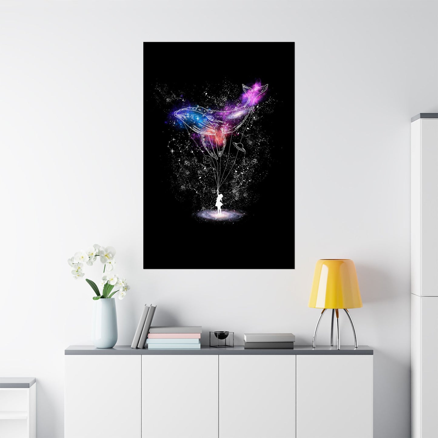 Cosmic Whale Vertical Poster featuring a surreal cosmic whale and stargazing girl beneath a starry sky. This dreamy wall art is printed on fade-resistant, gallery-quality materials, perfect for nurseries, bedrooms, and creative spaces. Ideal for fantasy lovers and stargazing enthusiasts, it adds celestial beauty to any home or office decor.