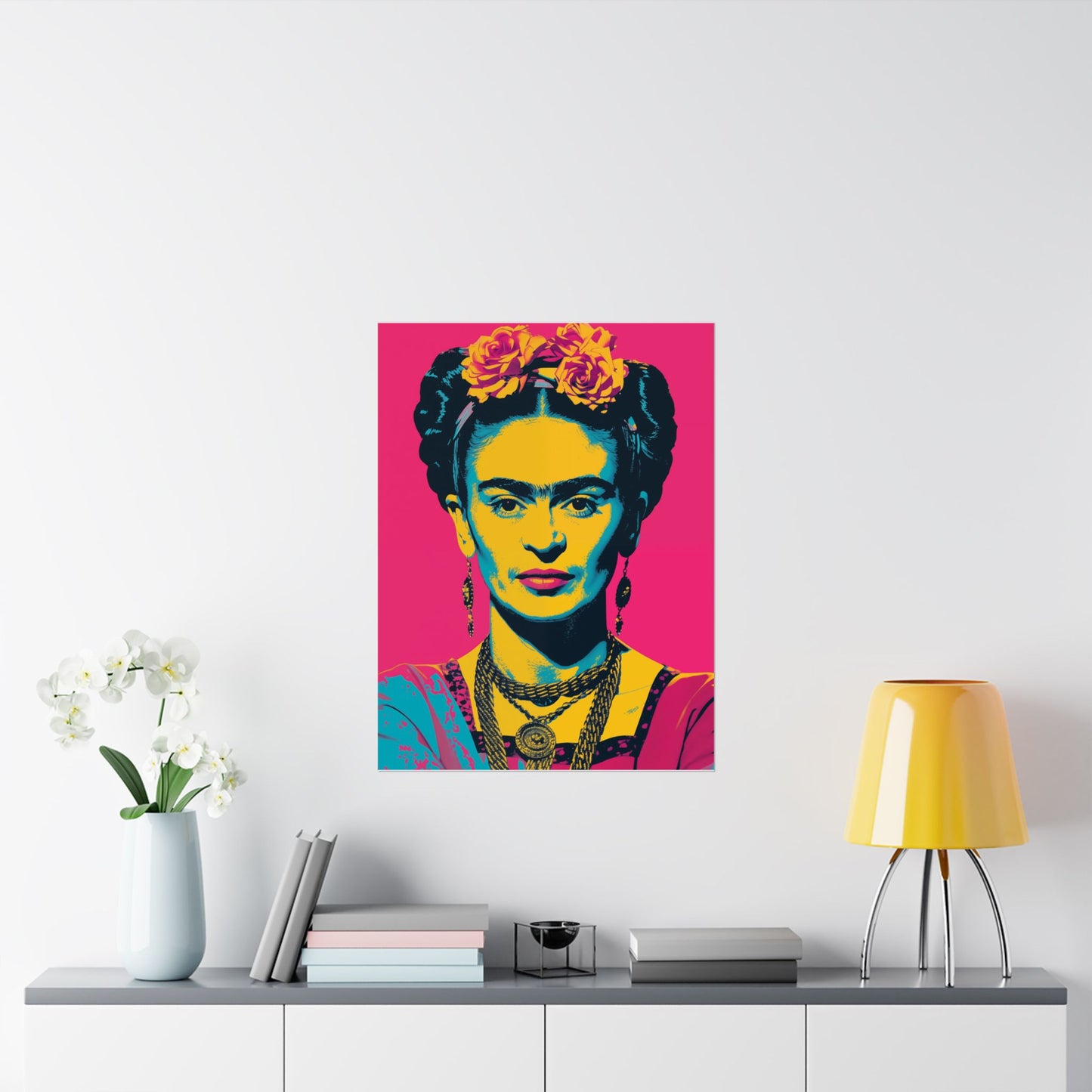 High-quality matte vertical poster featuring a vibrant reinterpretation of Frida Kahlo in bold art pop style, with dynamic colors and iconic imagery—perfect for creative spaces and art lovers.







