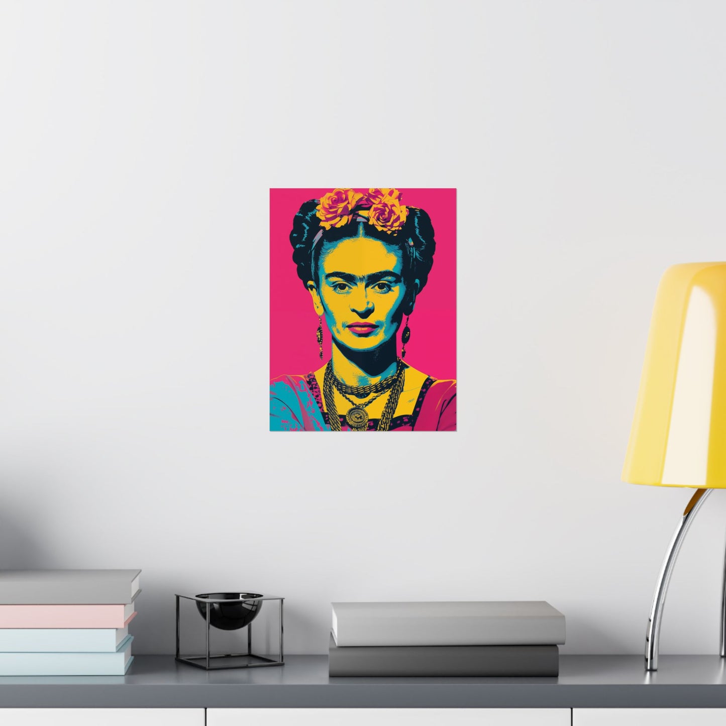 High-quality matte vertical poster featuring a vibrant reinterpretation of Frida Kahlo in bold art pop style, with dynamic colors and iconic imagery—perfect for creative spaces and art lovers.







