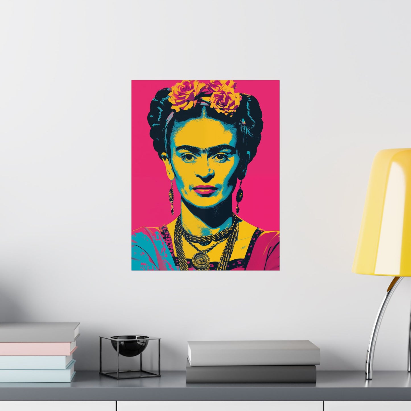 High-quality matte vertical poster featuring a vibrant reinterpretation of Frida Kahlo in bold art pop style, with dynamic colors and iconic imagery—perfect for creative spaces and art lovers.







