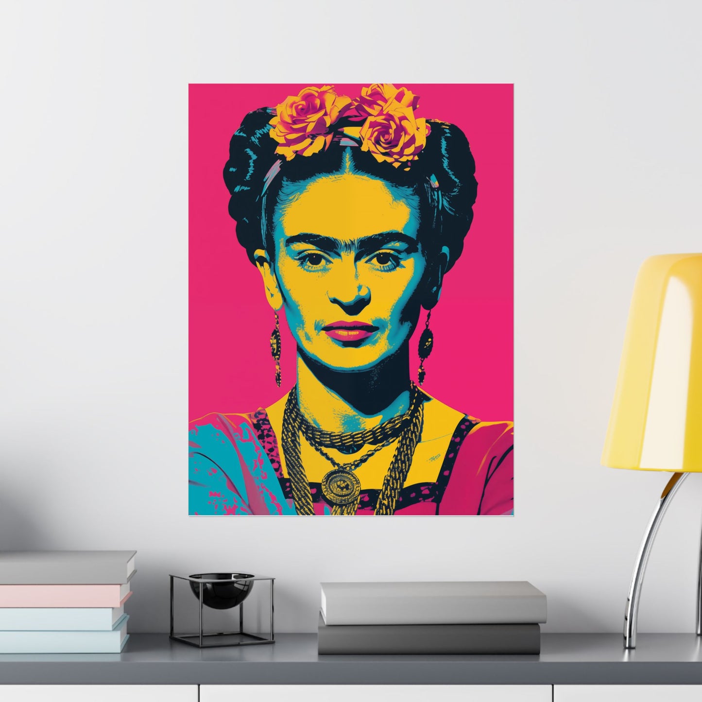 High-quality matte vertical poster featuring a vibrant reinterpretation of Frida Kahlo in bold art pop style, with dynamic colors and iconic imagery—perfect for creative spaces and art lovers.







