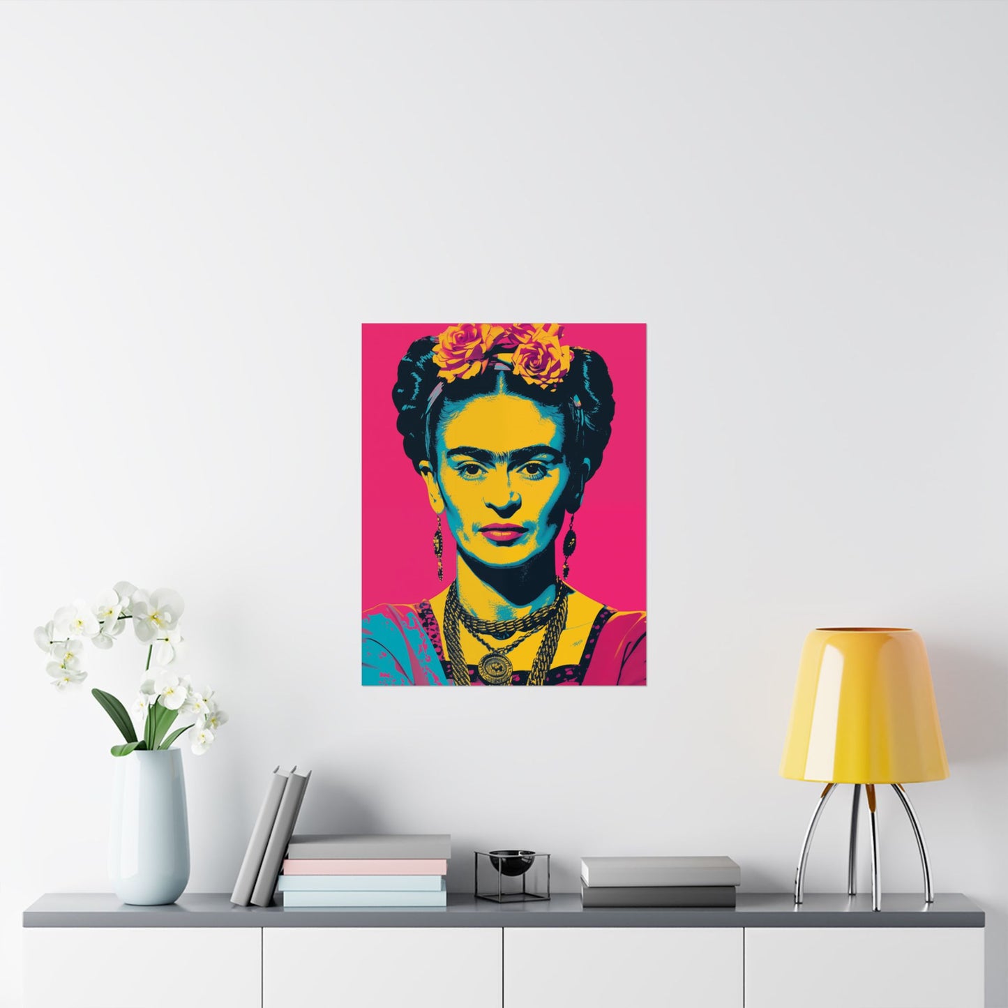 High-quality matte vertical poster featuring a vibrant reinterpretation of Frida Kahlo in bold art pop style, with dynamic colors and iconic imagery—perfect for creative spaces and art lovers.







