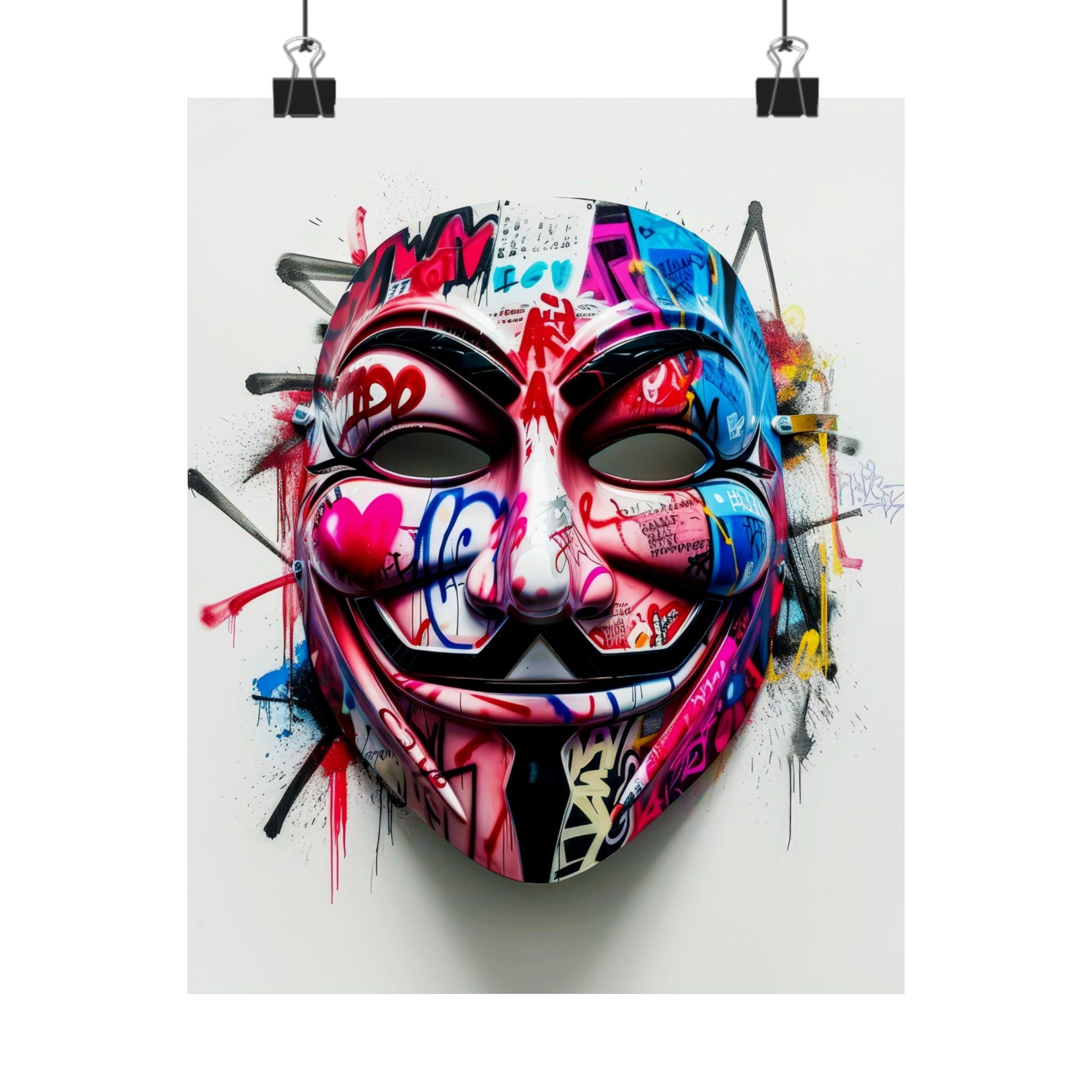 Bold matte poster featuring an iconic Guy Fawkes mask combined with vibrant artpop and urban graffiti elements, perfect for edgy street art decor in living spaces, offices, or creative studios.







