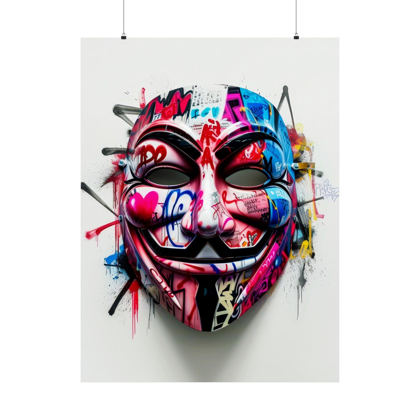 Bold matte poster featuring an iconic Guy Fawkes mask combined with vibrant artpop and urban graffiti elements, perfect for edgy street art decor in living spaces, offices, or creative studios.