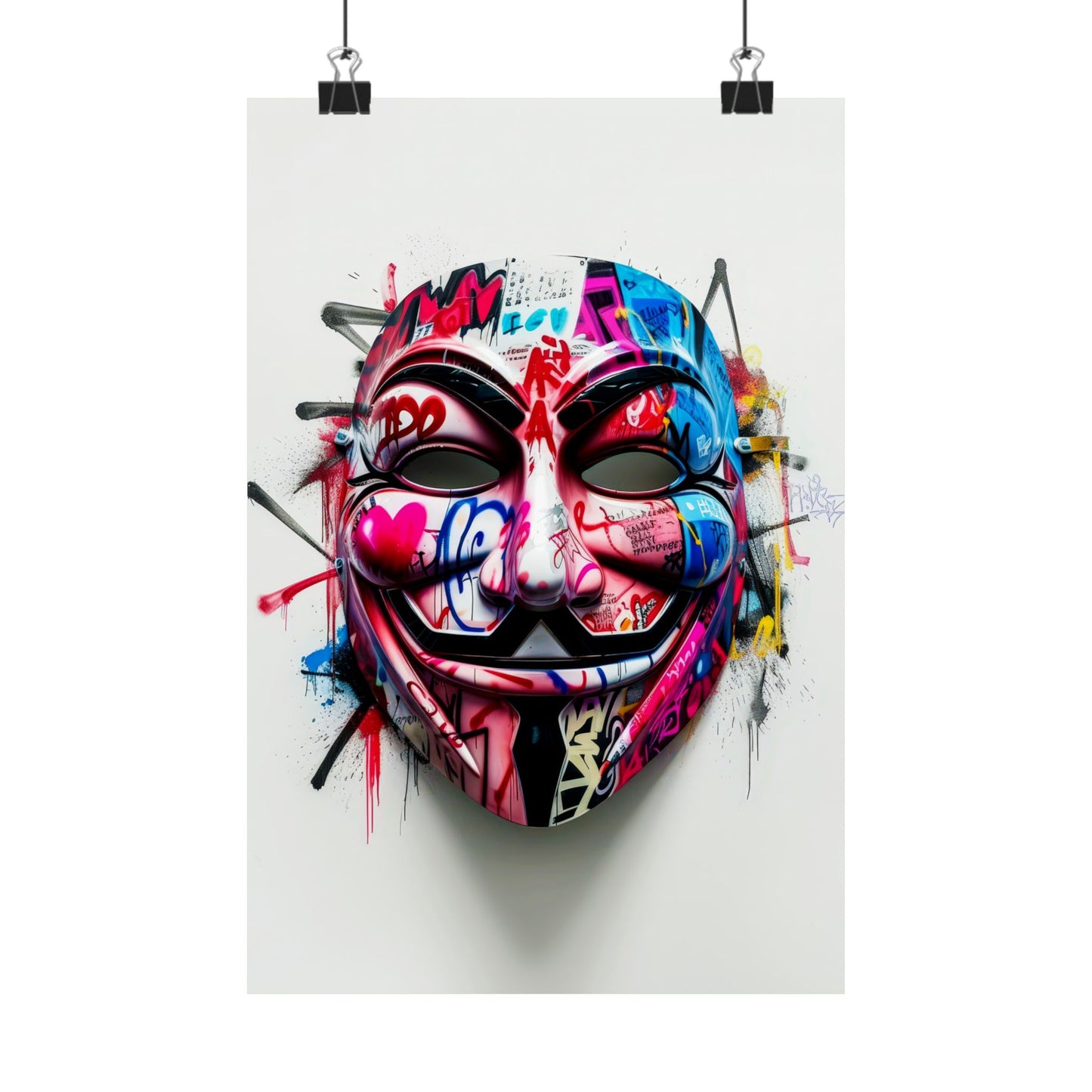 Bold matte poster featuring an iconic Guy Fawkes mask combined with vibrant artpop and urban graffiti elements, perfect for edgy street art decor in living spaces, offices, or creative studios.







