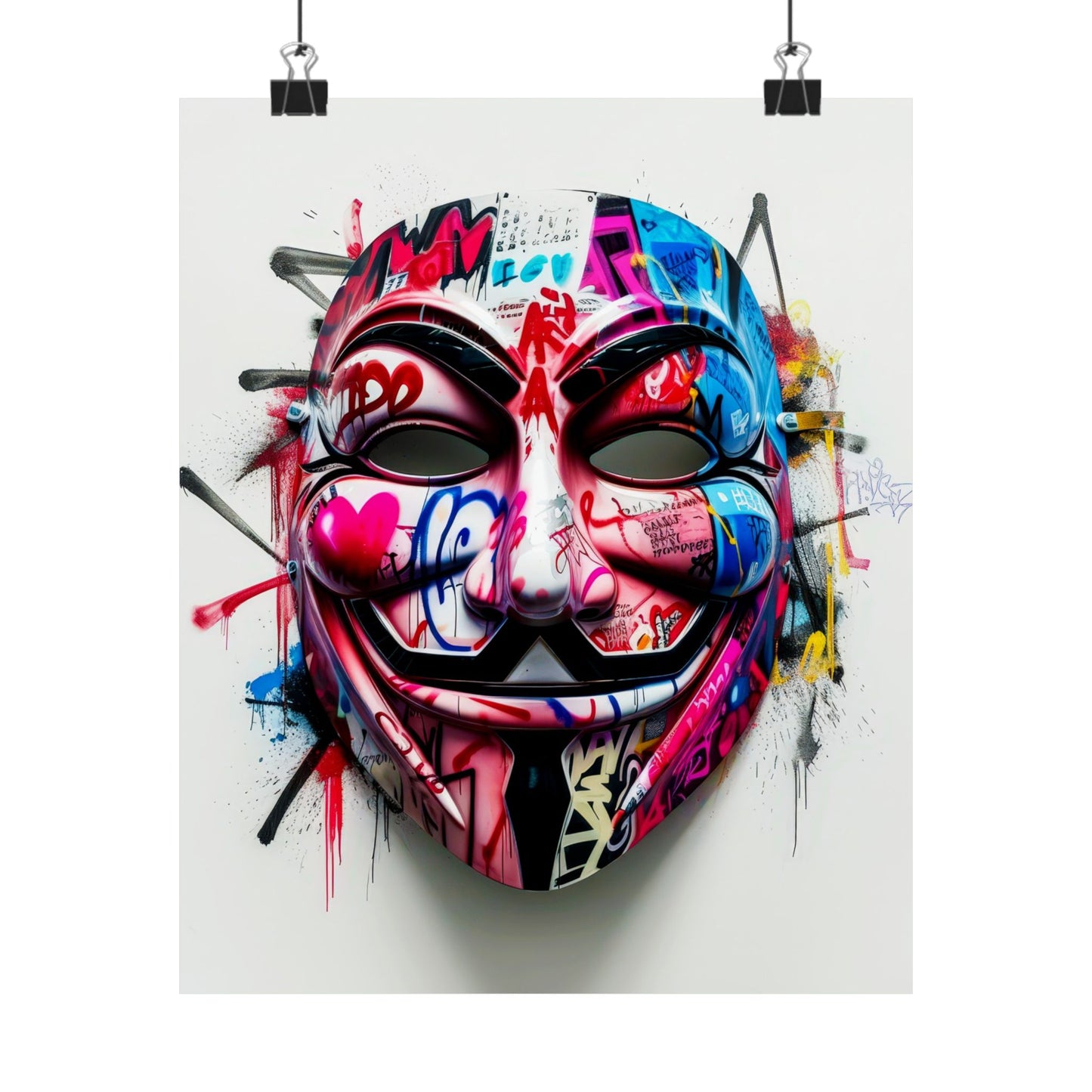 Bold matte poster featuring an iconic Guy Fawkes mask combined with vibrant artpop and urban graffiti elements, perfect for edgy street art decor in living spaces, offices, or creative studios.