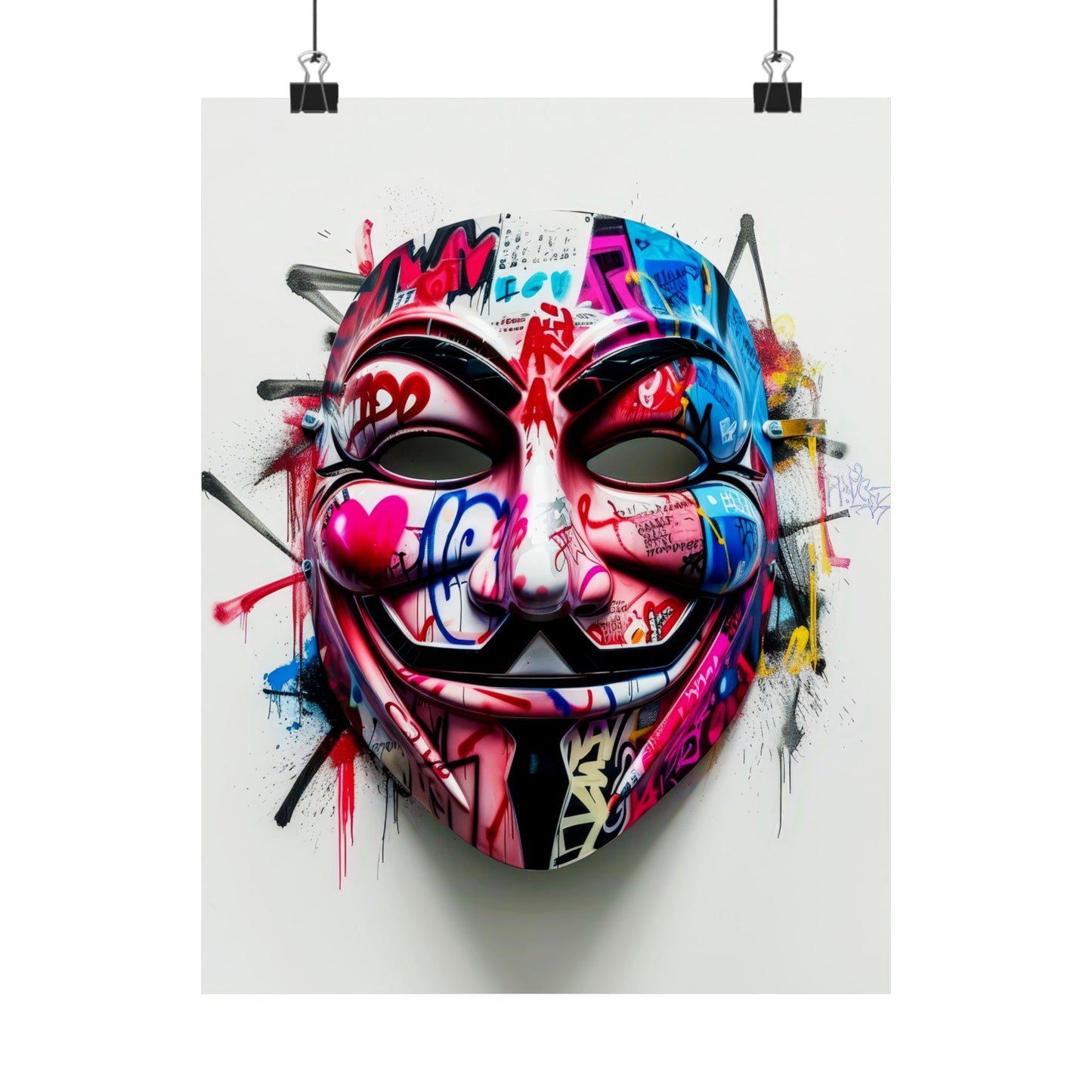 Bold matte poster featuring an iconic Guy Fawkes mask combined with vibrant artpop and urban graffiti elements, perfect for edgy street art decor in living spaces, offices, or creative studios.







