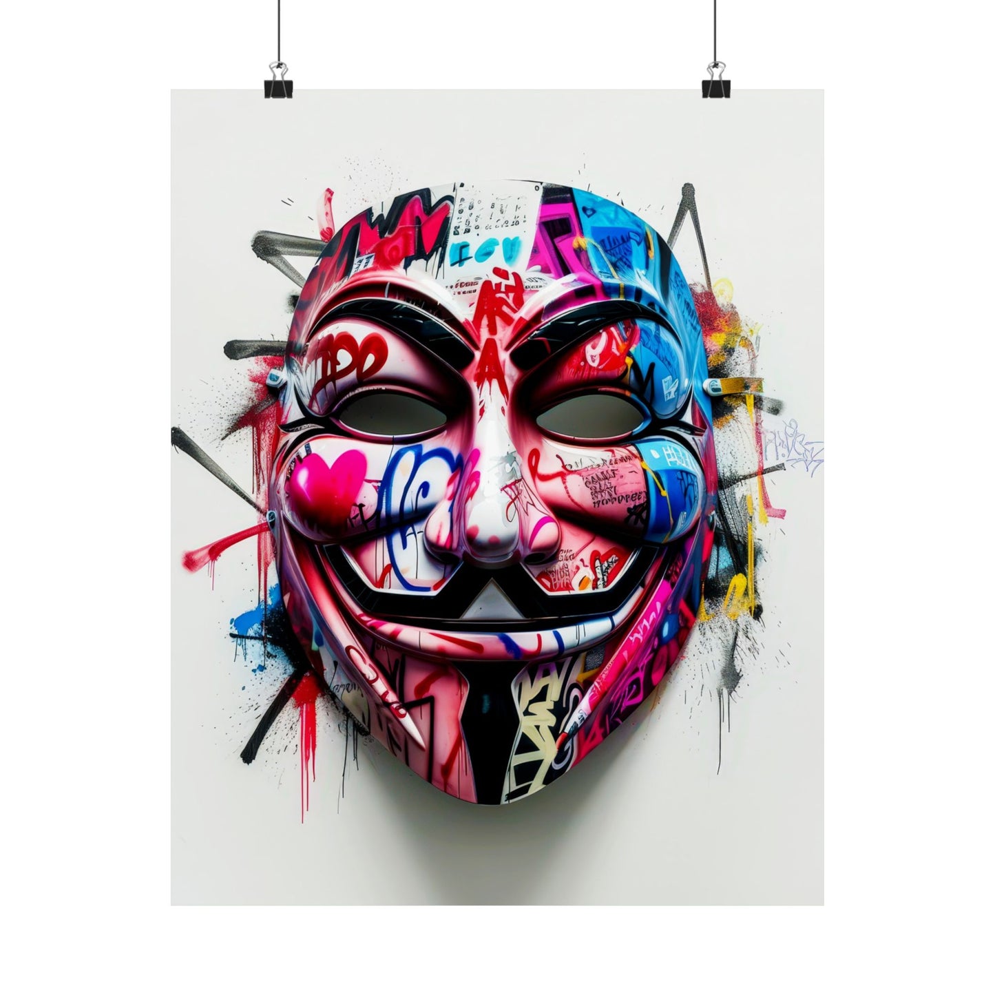 Bold matte poster featuring an iconic Guy Fawkes mask combined with vibrant artpop and urban graffiti elements, perfect for edgy street art decor in living spaces, offices, or creative studios