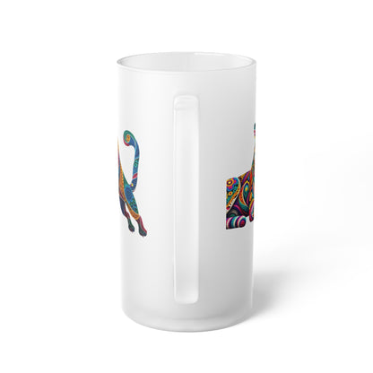 Frosted glass beer mug featuring a bold design with a jaguar and tropical mask. Perfect for beer lovers, party-goers, and local breweries, this vibrant custom mug adds a splash of jungle art style to every sip.