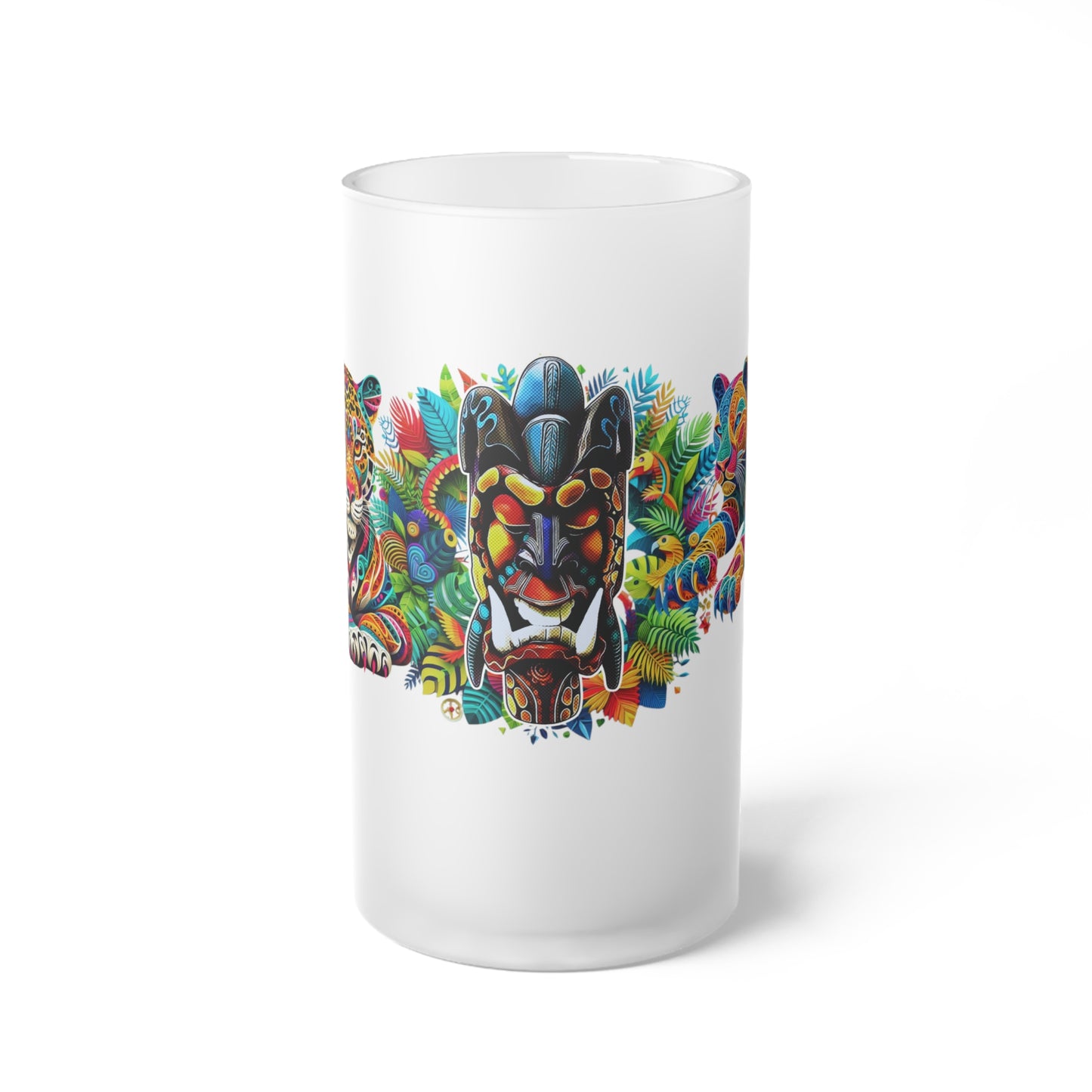 Frosted glass beer mug featuring a bold design with a jaguar and tropical mask. Perfect for beer lovers, party-goers, and local breweries, this vibrant custom mug adds a splash of jungle art style to every sip.