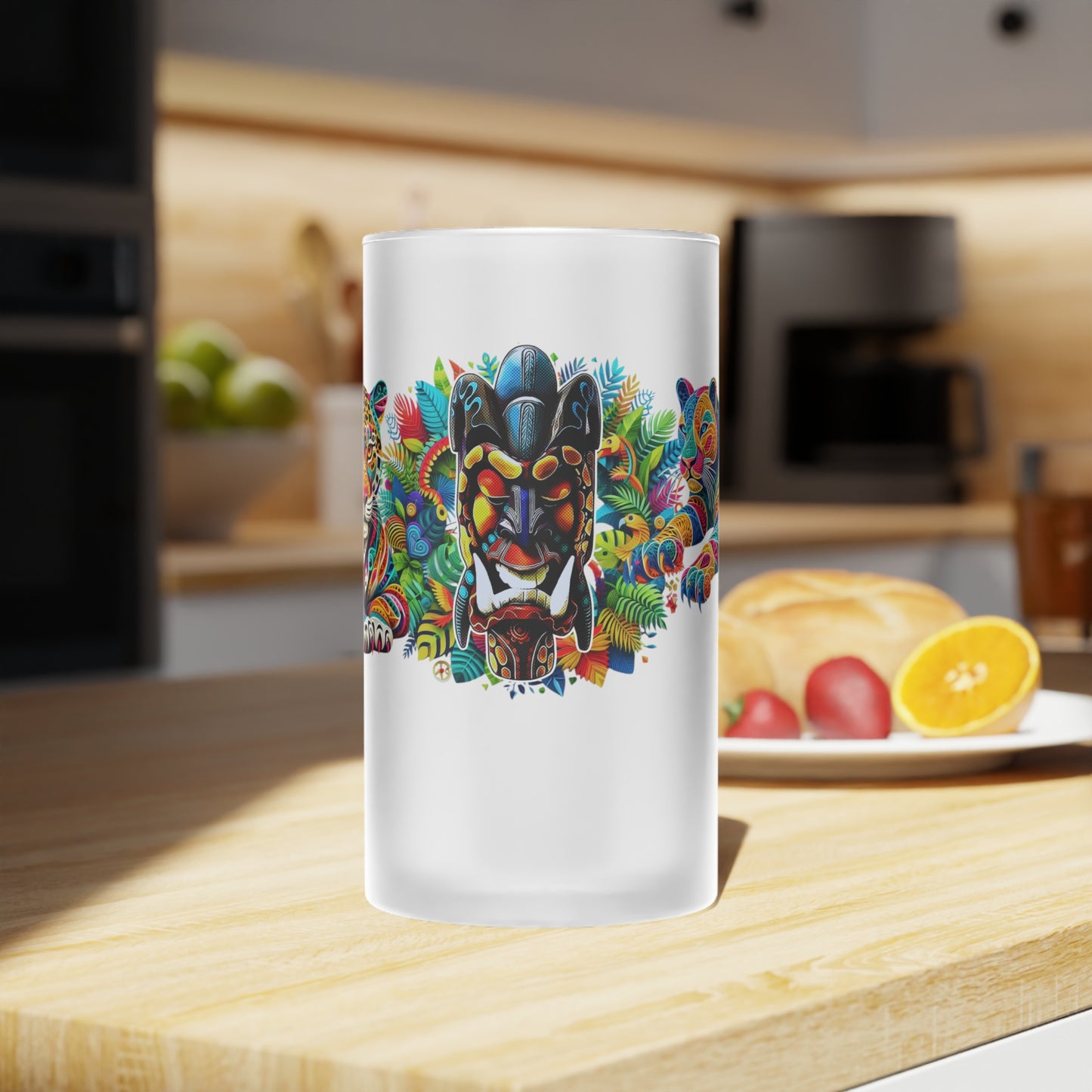 Frosted glass beer mug featuring a bold design with a jaguar and tropical mask. Perfect for beer lovers, party-goers, and local breweries, this vibrant custom mug adds a splash of jungle art style to every sip.