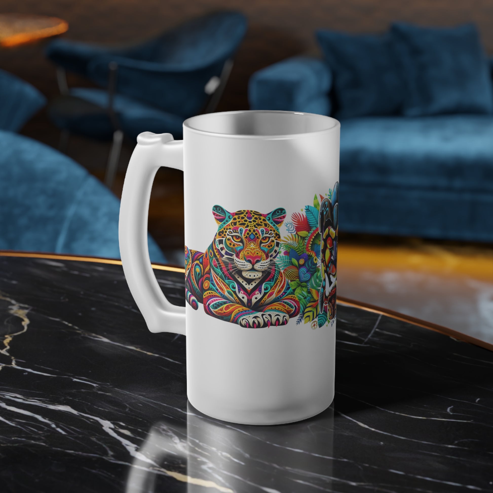 Frosted glass beer mug featuring a bold design with a jaguar and tropical mask. Perfect for beer lovers, party-goers, and local breweries, this vibrant custom mug adds a splash of jungle art style to every sip.