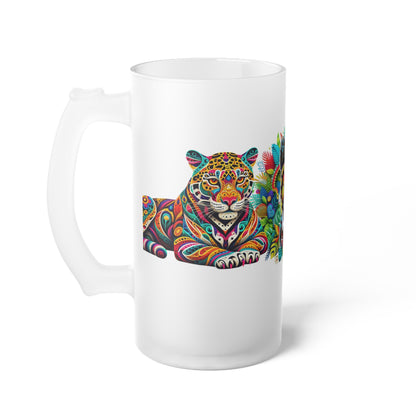 Frosted glass beer mug featuring a bold design with a jaguar and tropical mask. Perfect for beer lovers, party-goers, and local breweries, this vibrant custom mug adds a splash of jungle art style to every sip.