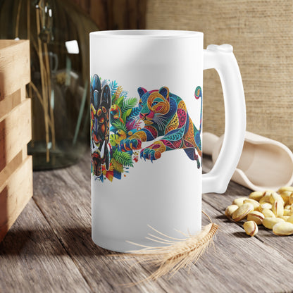 Frosted glass beer mug featuring a bold design with a jaguar and tropical mask. Perfect for beer lovers, party-goers, and local breweries, this vibrant custom mug adds a splash of jungle art style to every sip.