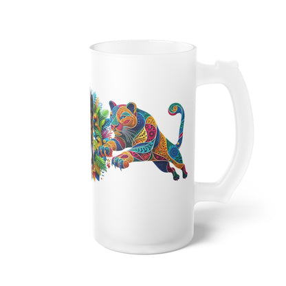 Frosted glass beer mug featuring a bold design with a jaguar and tropical mask. Perfect for beer lovers, party-goers, and local breweries, this vibrant custom mug adds a splash of jungle art style to every sip.