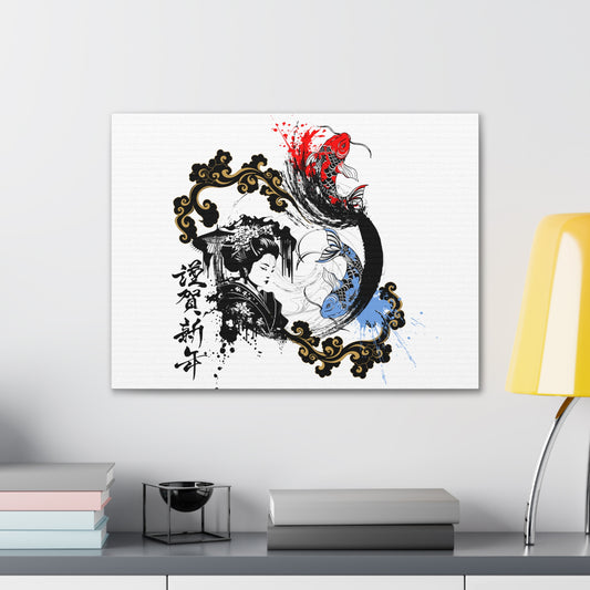 Canvas gallery wrap featuring a striking Japanese ink-style design of a geisha and koi fish. This elegant artwork blends traditional aesthetics with modern minimalism, making it a perfect piece for home decor, yoga studios, and Zen-inspired spaces.