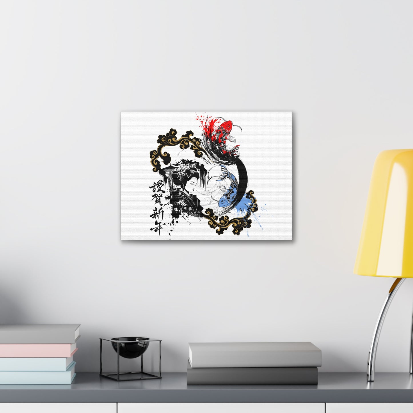 Canvas gallery wrap featuring a striking Japanese ink-style design of a geisha and koi fish. This elegant artwork blends traditional aesthetics with modern minimalism, making it a perfect piece for home decor, yoga studios, and Zen-inspired spaces.