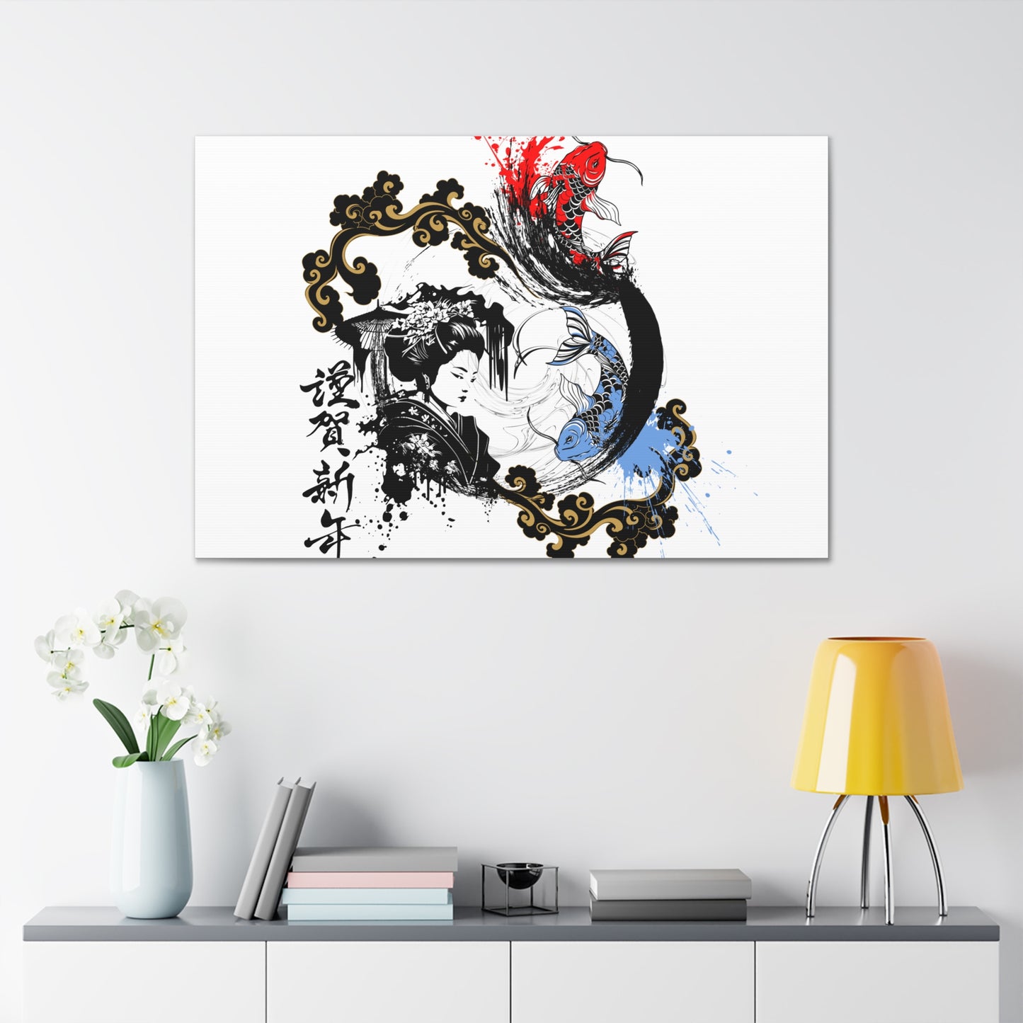 Canvas gallery wrap featuring a striking Japanese ink-style design of a geisha and koi fish. This elegant artwork blends traditional aesthetics with modern minimalism, making it a perfect piece for home decor, yoga studios, and Zen-inspired spaces.