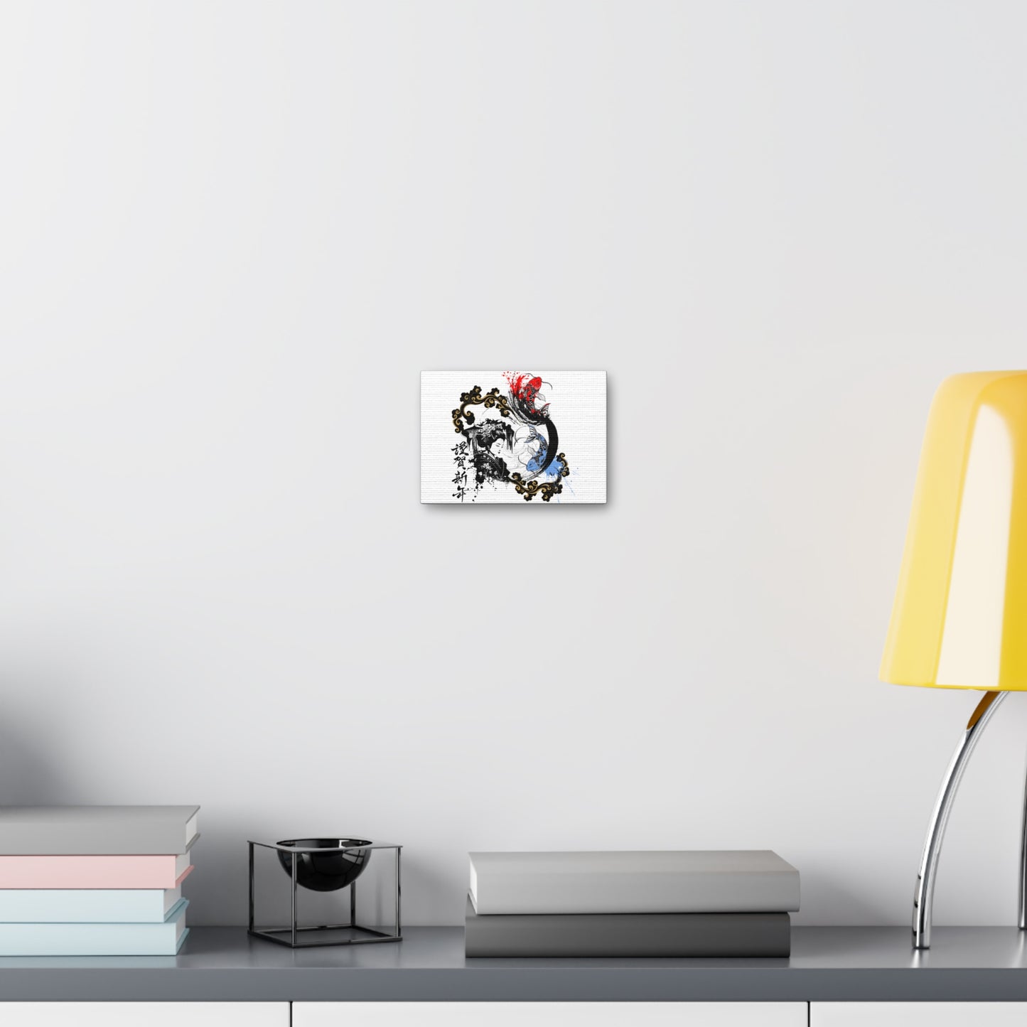 Canvas gallery wrap featuring a striking Japanese ink-style design of a geisha and koi fish. This elegant artwork blends traditional aesthetics with modern minimalism, making it a perfect piece for home decor, yoga studios, and Zen-inspired spaces.