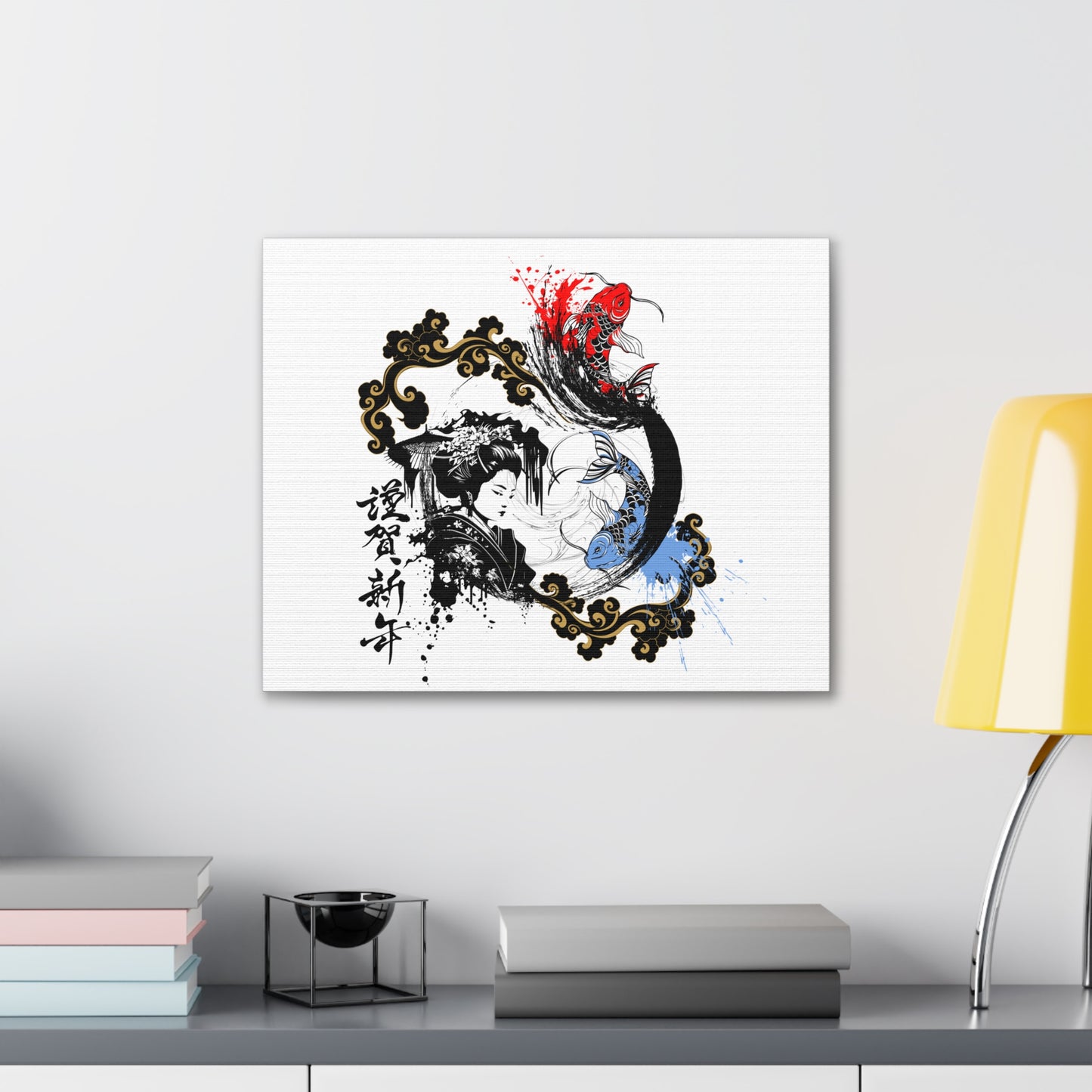 Canvas gallery wrap featuring a striking Japanese ink-style design of a geisha and koi fish. This elegant artwork blends traditional aesthetics with modern minimalism, making it a perfect piece for home decor, yoga studios, and Zen-inspired spaces.