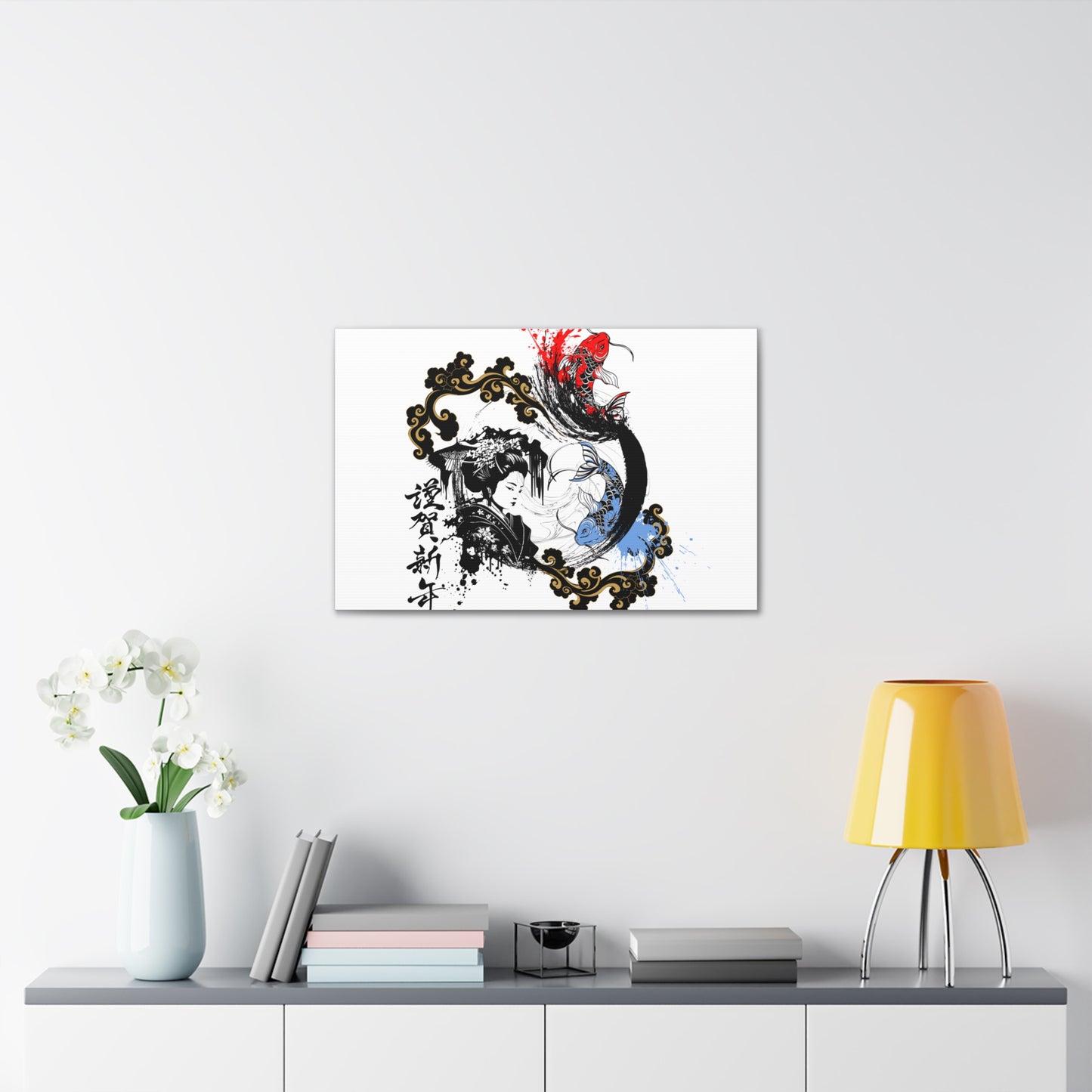 Canvas gallery wrap featuring a striking Japanese ink-style design of a geisha and koi fish. This elegant artwork blends traditional aesthetics with modern minimalism, making it a perfect piece for home decor, yoga studios, and Zen-inspired spaces.