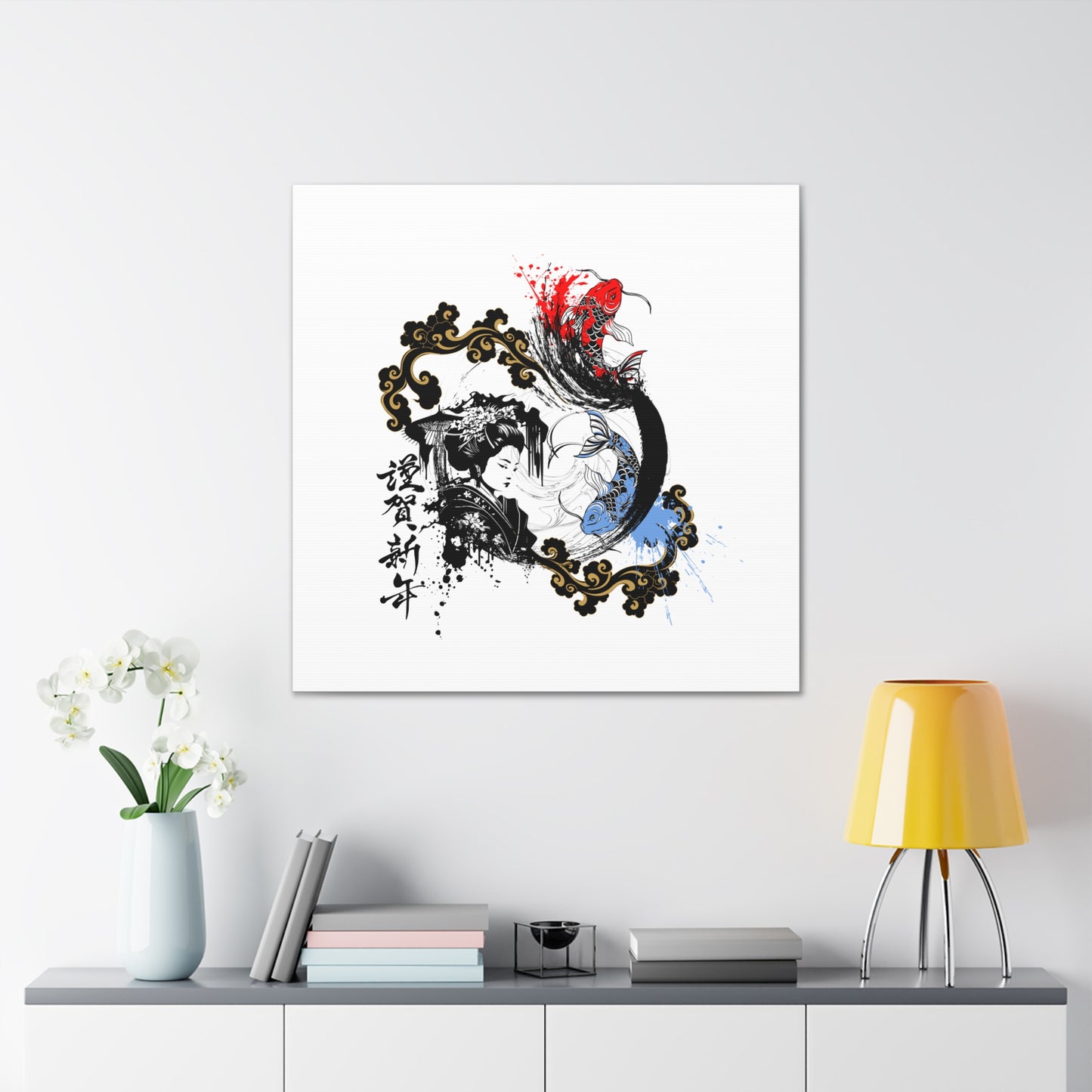 Canvas gallery wrap featuring a striking Japanese ink-style design of a geisha and koi fish. This elegant artwork blends traditional aesthetics with modern minimalism, making it a perfect piece for home decor, yoga studios, and Zen-inspired spaces.