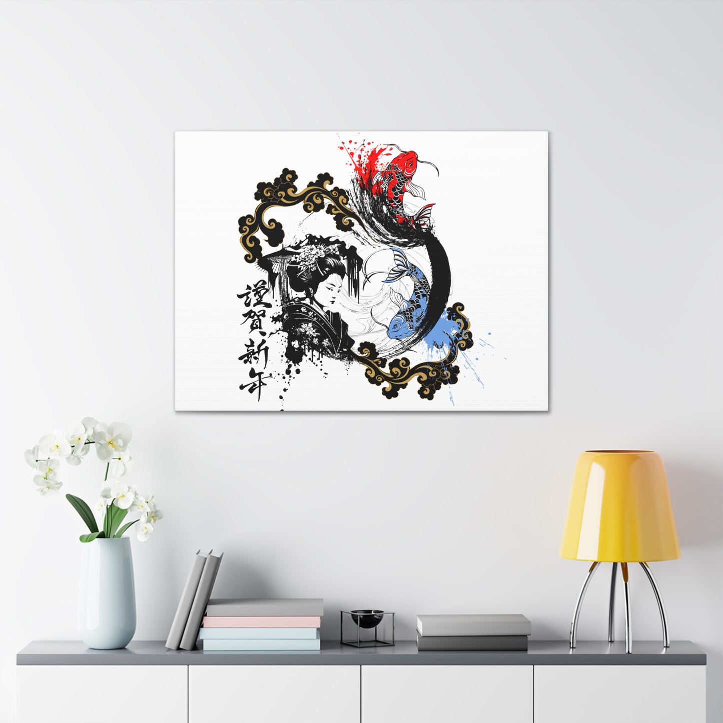 Canvas gallery wrap featuring a striking Japanese ink-style design of a geisha and koi fish. This elegant artwork blends traditional aesthetics with modern minimalism, making it a perfect piece for home decor, yoga studios, and Zen-inspired spaces.