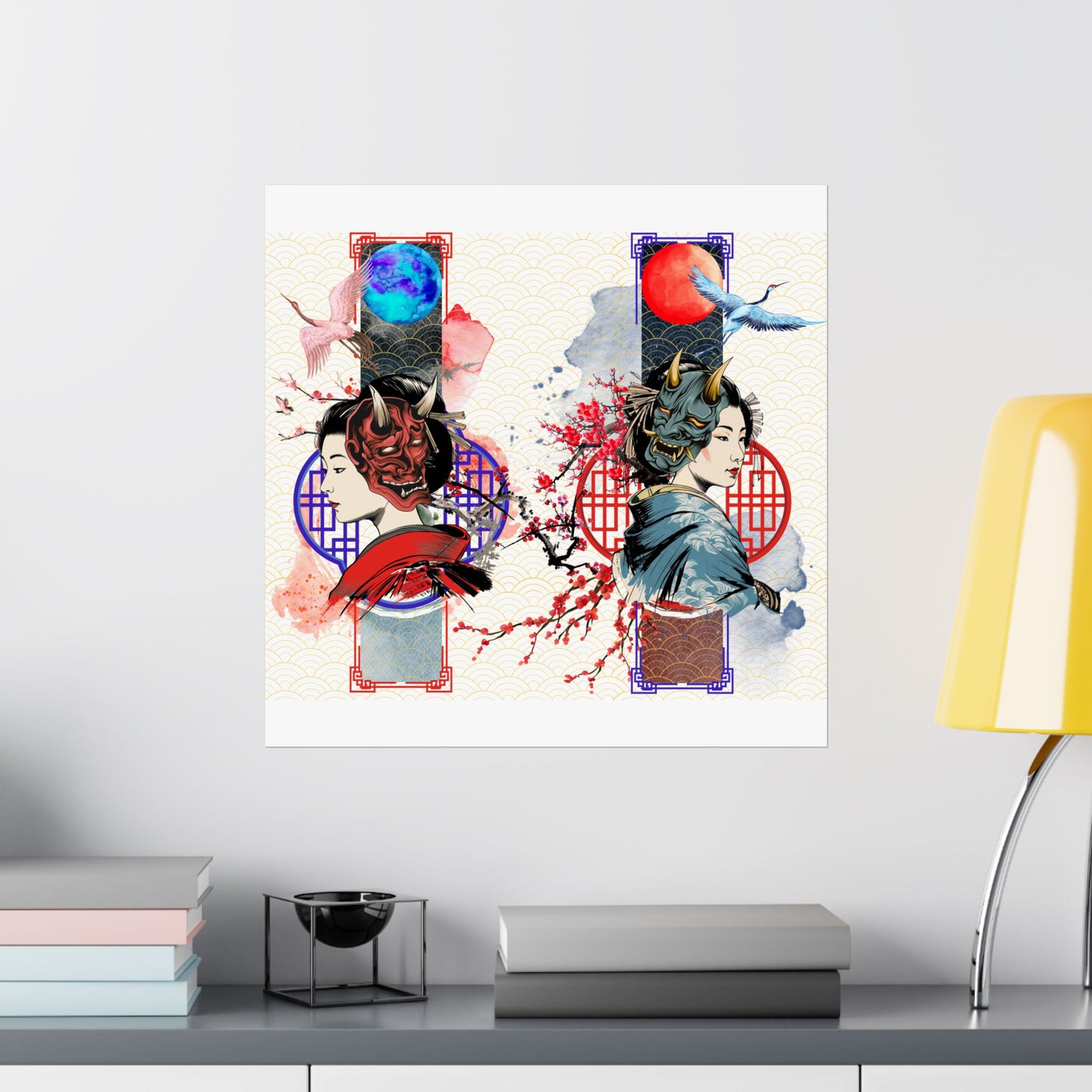 Japanese Geisha & Oni Mask Canvas featuring a stunning blend of traditional and modern aesthetics. This elegant artwork showcases a geisha, crane birds, and Oni masks, symbolizing duality and balance. Perfect for meditation rooms, offices, and contemporary interiors, printed on archival-quality materials for lasting beauty.