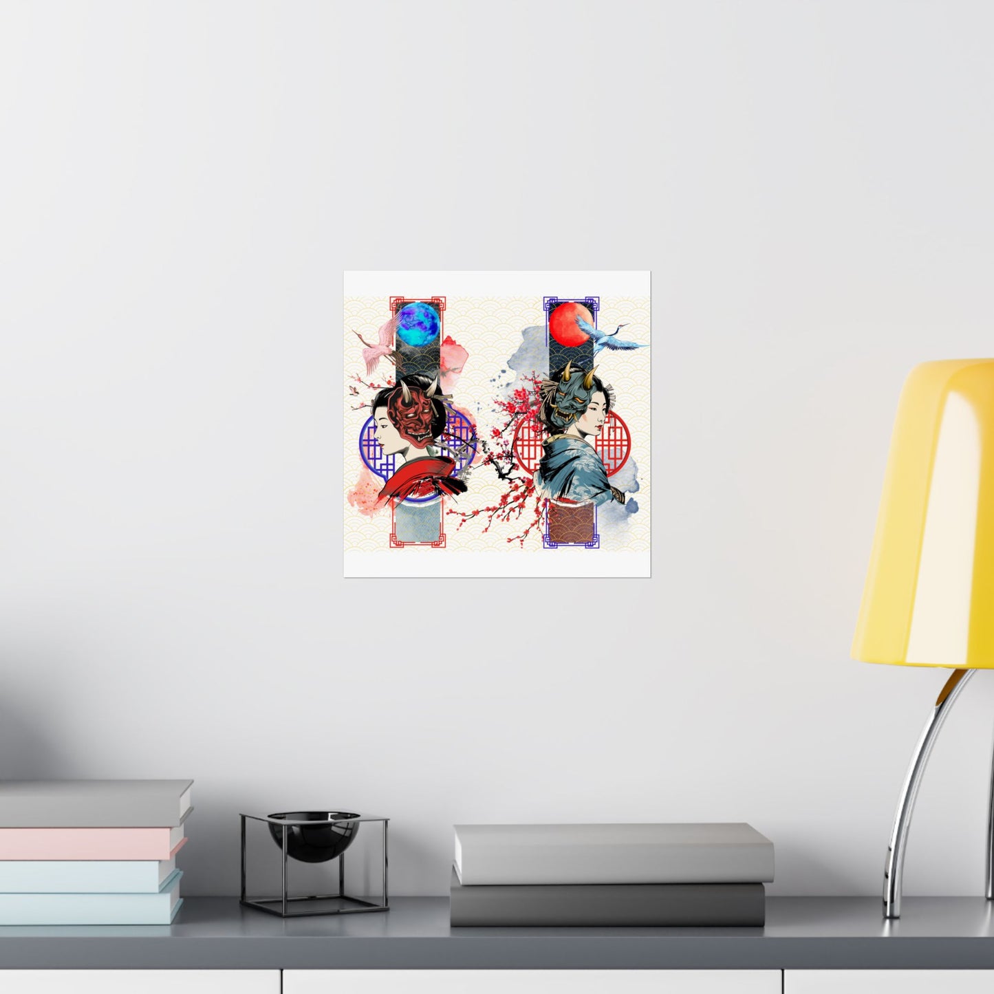 Japanese Geisha & Oni Mask Canvas featuring a stunning blend of traditional and modern aesthetics. This elegant artwork showcases a geisha, crane birds, and Oni masks, symbolizing duality and balance. Perfect for meditation rooms, offices, and contemporary interiors, printed on archival-quality materials for lasting beauty.