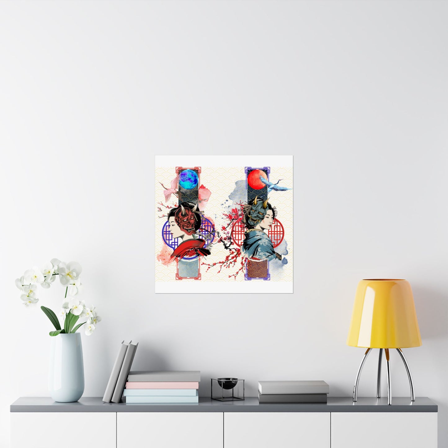 Japanese Geisha & Oni Mask Canvas featuring a stunning blend of traditional and modern aesthetics. This elegant artwork showcases a geisha, crane birds, and Oni masks, symbolizing duality and balance. Perfect for meditation rooms, offices, and contemporary interiors, printed on archival-quality materials for lasting beauty.