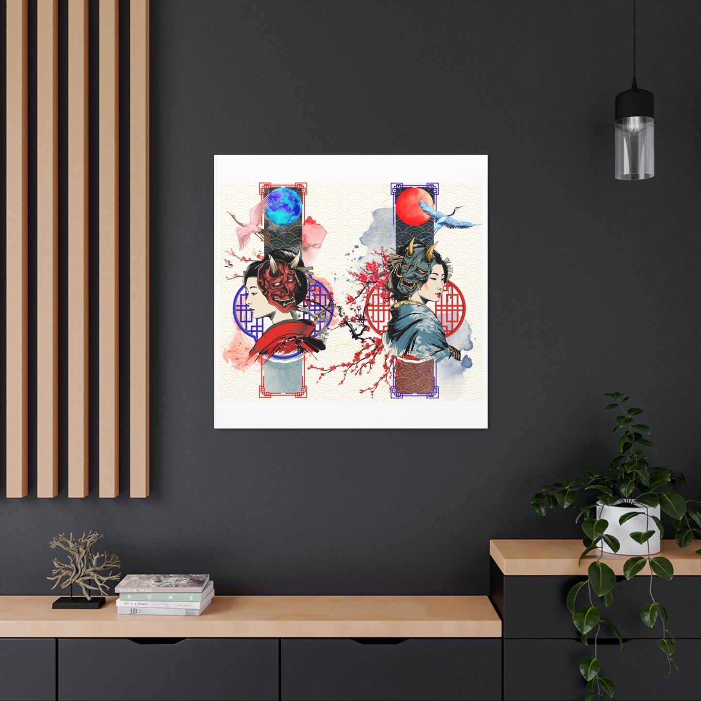 Japanese Geisha & Oni Mask canvas featuring a geisha, crane birds, and Oni masks, symbolizing duality in traditional Japanese culture. This elegant wall art is printed on archival-quality, fade-resistant canvas, perfect for meditation rooms, offices, and contemporary interiors.