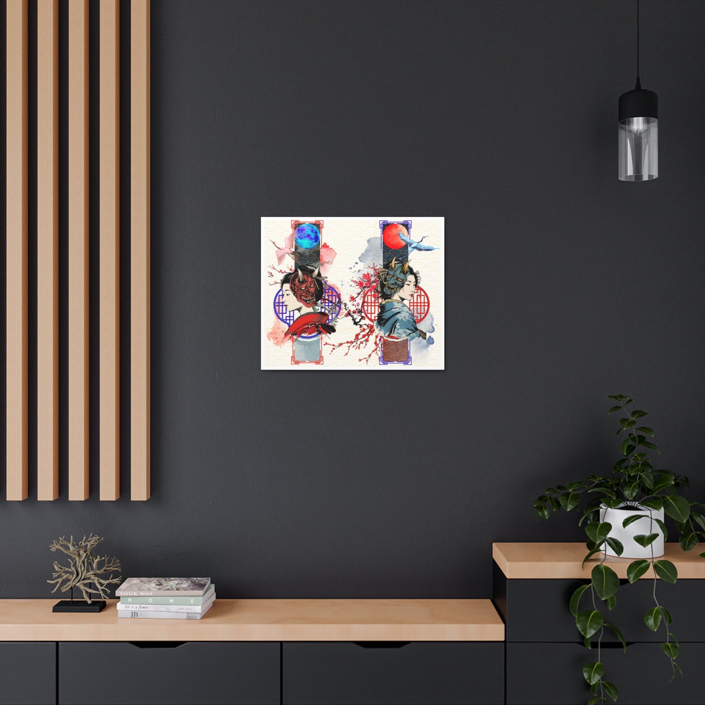 Japanese Geisha & Oni Mask canvas featuring a geisha, crane birds, and Oni masks, symbolizing duality in traditional Japanese culture. This elegant wall art is printed on archival-quality, fade-resistant canvas, perfect for meditation rooms, offices, and contemporary interiors.