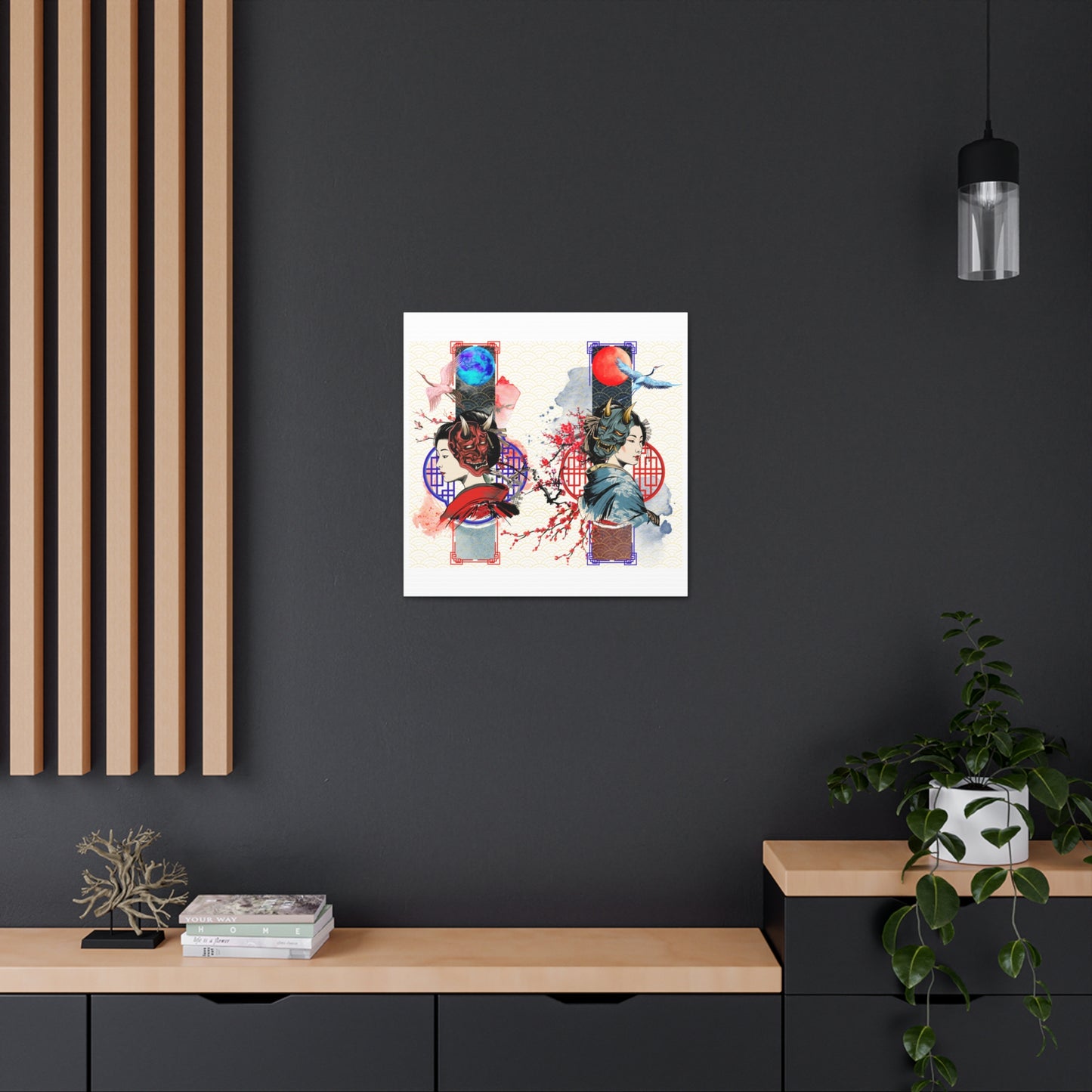 Japanese Geisha & Oni Mask canvas featuring a geisha, crane birds, and Oni masks, symbolizing duality in traditional Japanese culture. This elegant wall art is printed on archival-quality, fade-resistant canvas, perfect for meditation rooms, offices, and contemporary interiors.