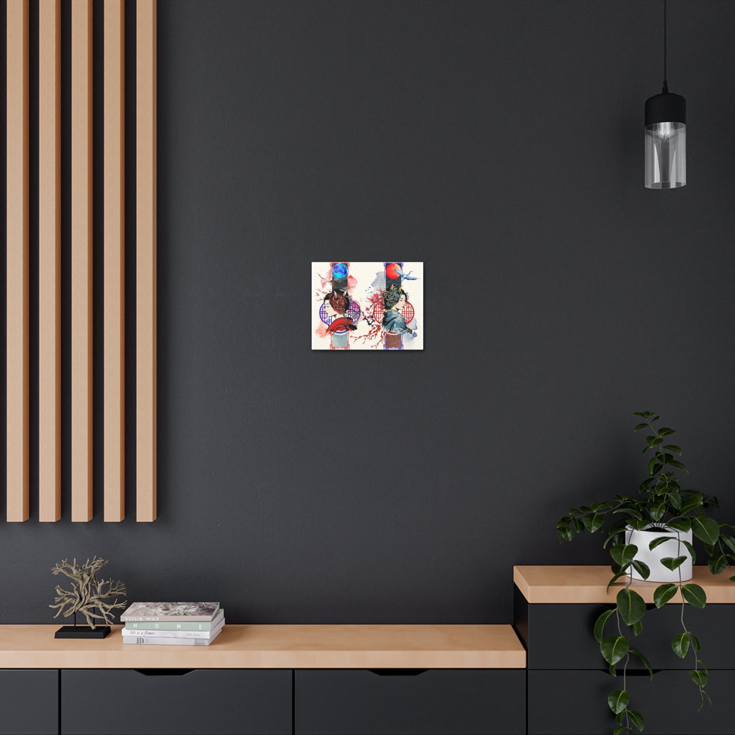 Japanese Geisha & Oni Mask canvas featuring a geisha, crane birds, and Oni masks, symbolizing duality in traditional Japanese culture. This elegant wall art is printed on archival-quality, fade-resistant canvas, perfect for meditation rooms, offices, and contemporary interiors.