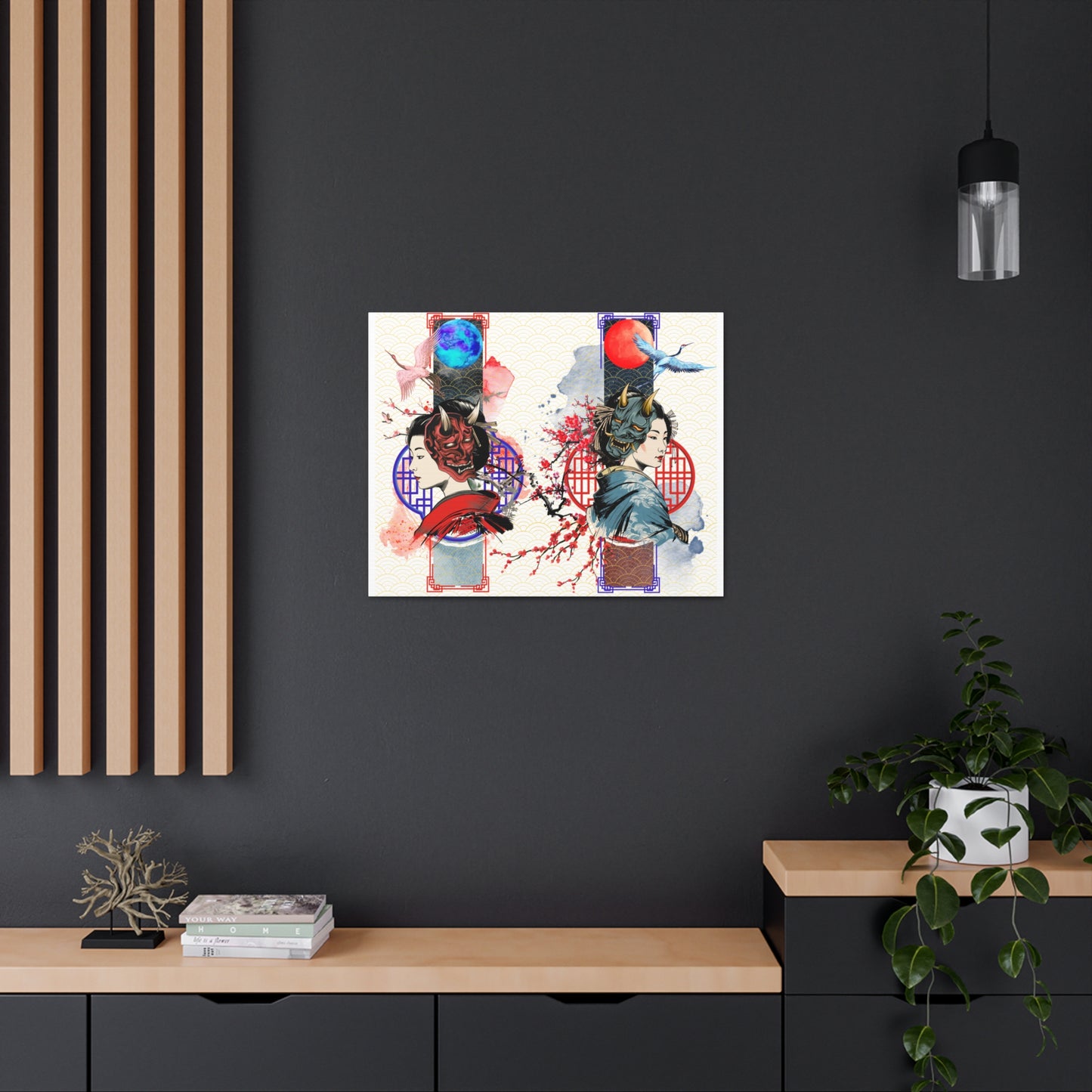 Japanese Geisha & Oni Mask canvas featuring a geisha, crane birds, and Oni masks, symbolizing duality in traditional Japanese culture. This elegant wall art is printed on archival-quality, fade-resistant canvas, perfect for meditation rooms, offices, and contemporary interiors.