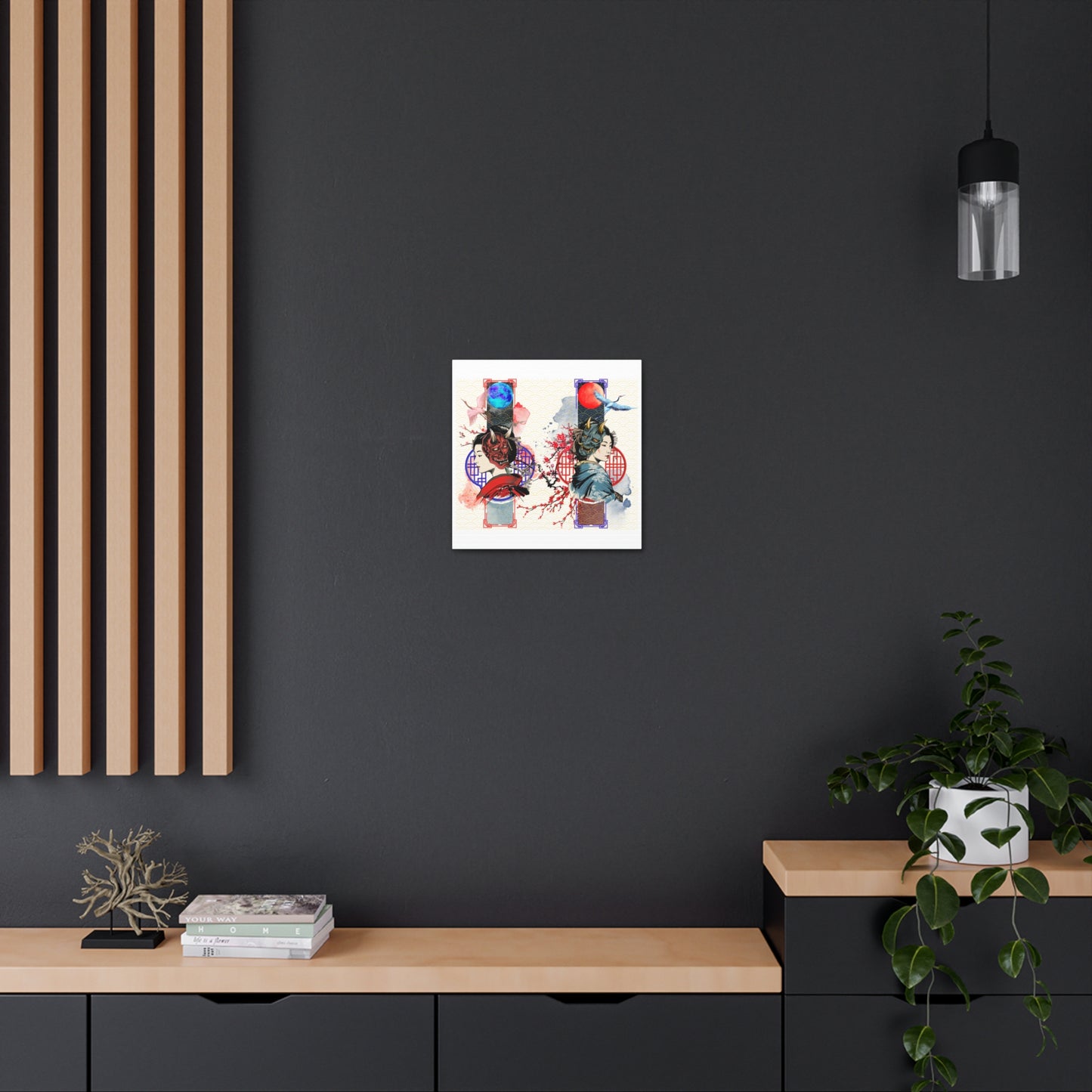 Japanese Geisha & Oni Mask canvas featuring a geisha, crane birds, and Oni masks, symbolizing duality in traditional Japanese culture. This elegant wall art is printed on archival-quality, fade-resistant canvas, perfect for meditation rooms, offices, and contemporary interiors.