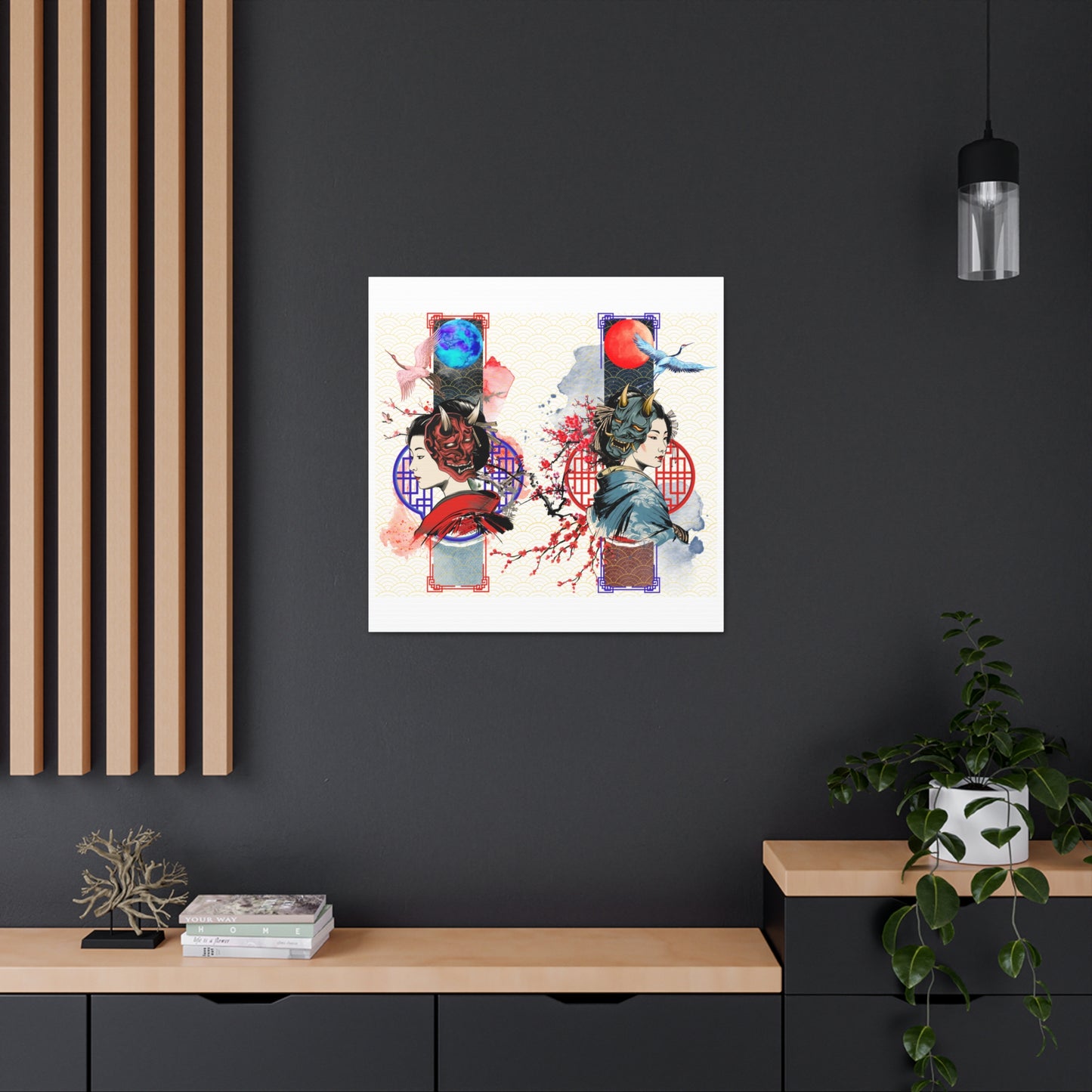 Japanese Geisha & Oni Mask canvas featuring a geisha, crane birds, and Oni masks, symbolizing duality in traditional Japanese culture. This elegant wall art is printed on archival-quality, fade-resistant canvas, perfect for meditation rooms, offices, and contemporary interiors.