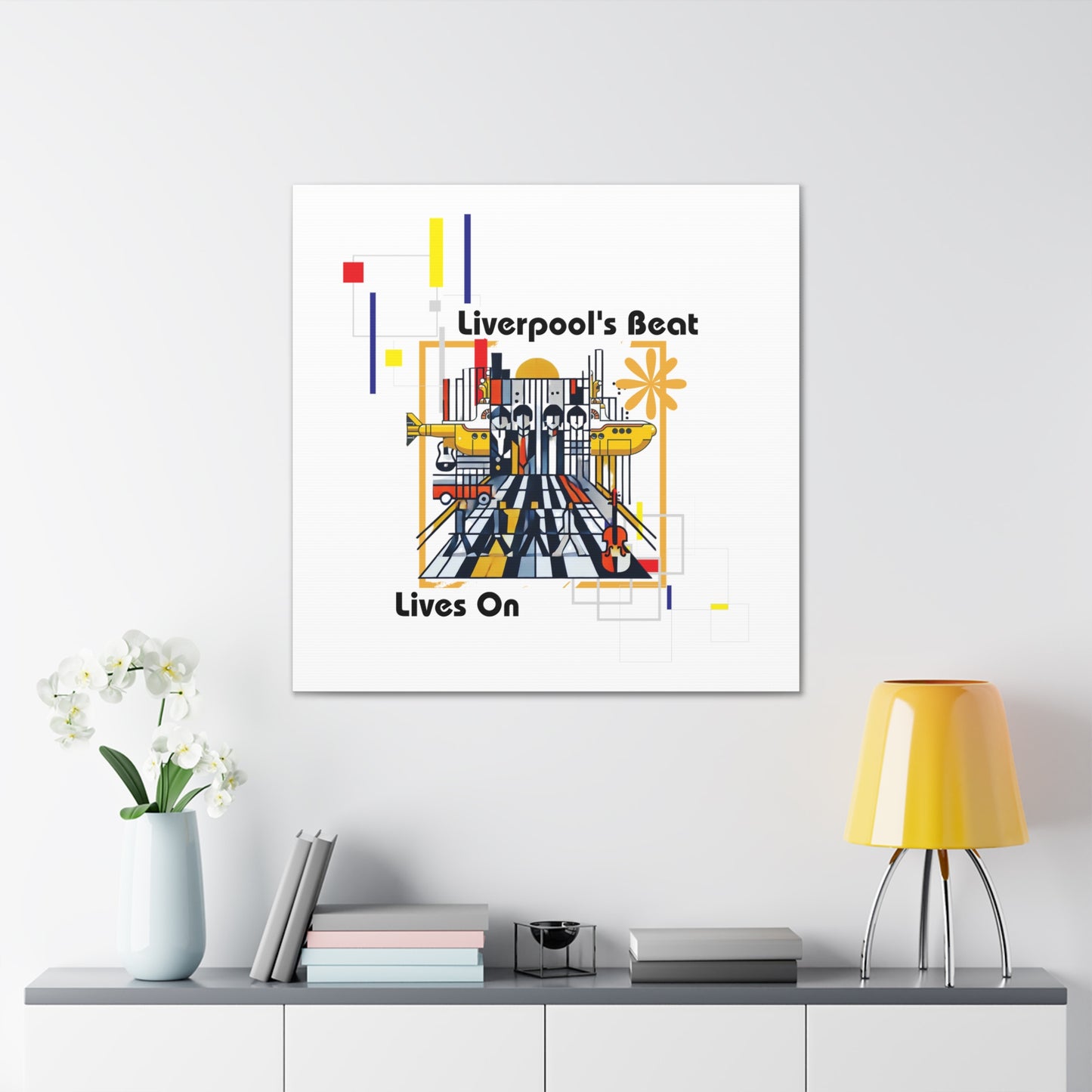 Bold Bauhaus-inspired canvas wrap featuring abstract geometric portraits of the Beatles in striking primary colors. Celebrate the legacy of the Fab Four with this vibrant wall art, perfect for rockband fans, vintage music lovers, and anyone seeking modern, artistic home decor. Ideal for custom print on canvas with sharp details and lasting colors.