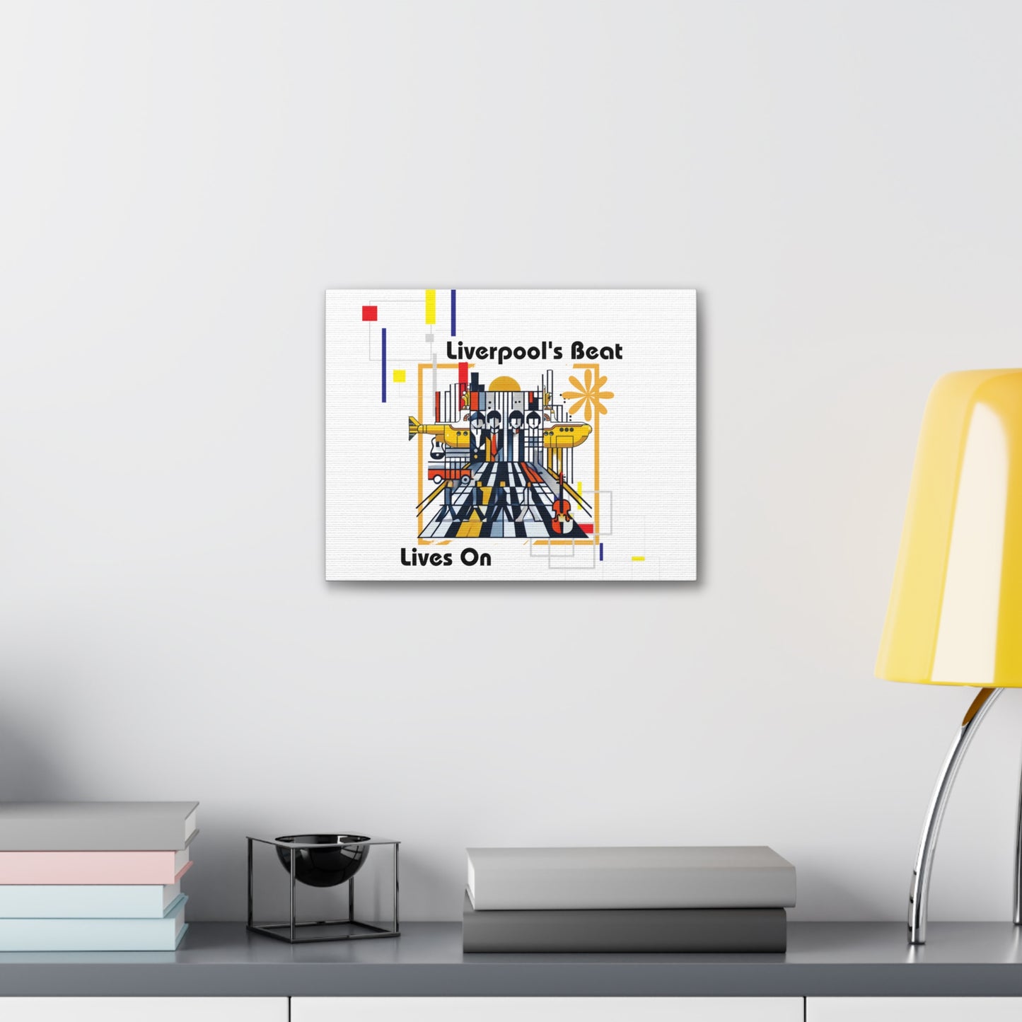 Bold Bauhaus-inspired canvas wrap featuring abstract geometric portraits of the Beatles in striking primary colors. Celebrate the legacy of the Fab Four with this vibrant wall art, perfect for rockband fans, vintage music lovers, and anyone seeking modern, artistic home decor. Ideal for custom print on canvas with sharp details and lasting colors.