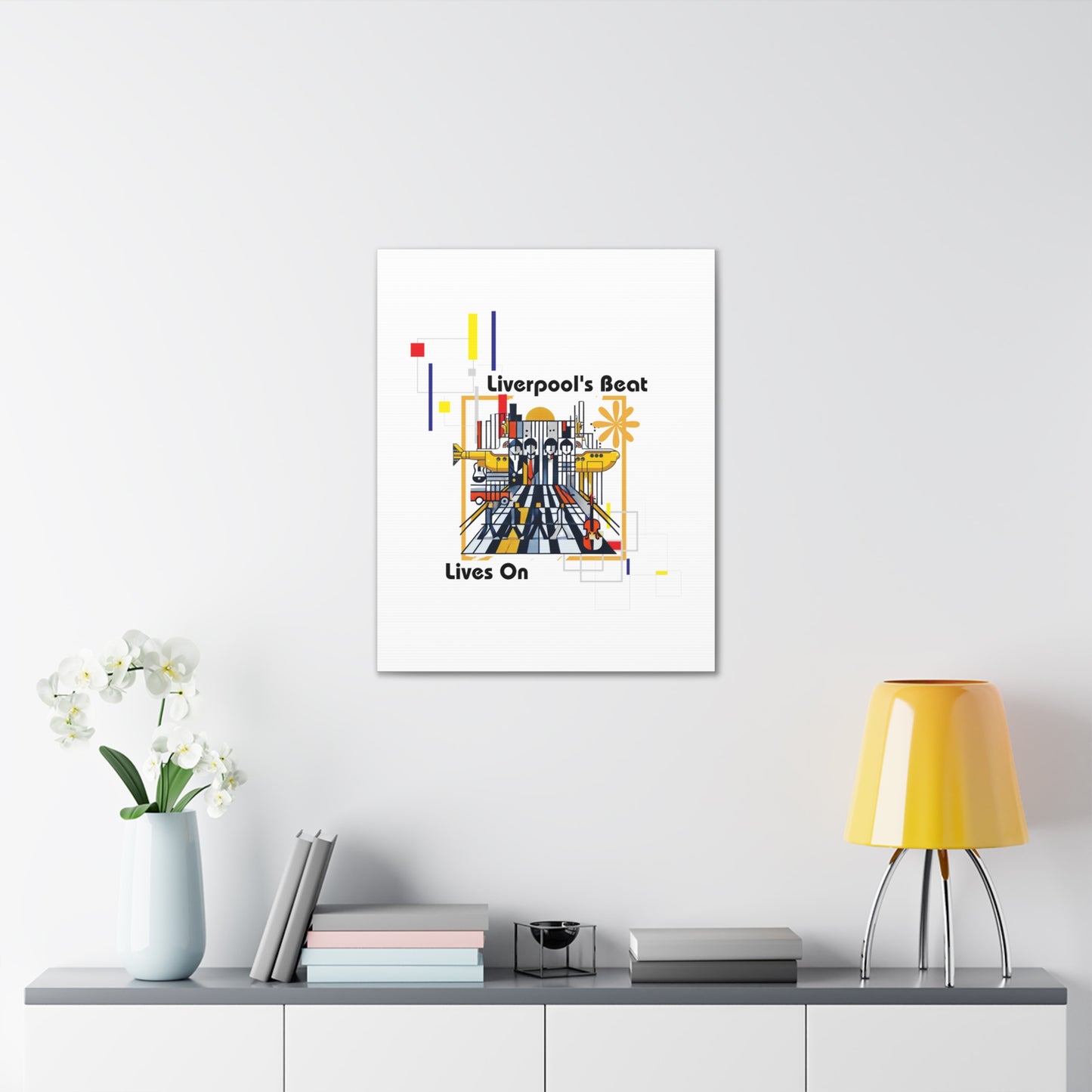 Bold Bauhaus-inspired canvas wrap featuring abstract geometric portraits of the Beatles in striking primary colors. Celebrate the legacy of the Fab Four with this vibrant wall art, perfect for rockband fans, vintage music lovers, and anyone seeking modern, artistic home decor. Ideal for custom print on canvas with sharp details and lasting colors.