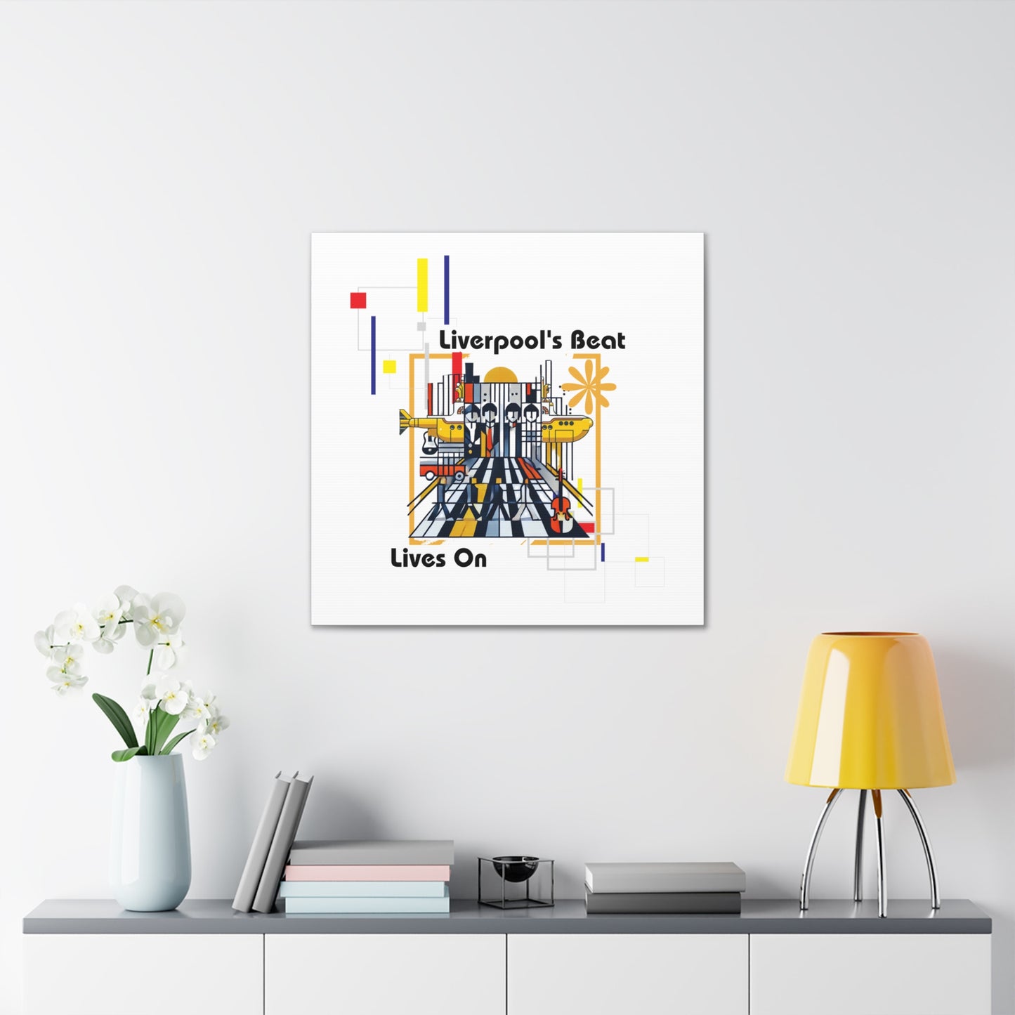 Bold Bauhaus-inspired canvas wrap featuring abstract geometric portraits of the Beatles in striking primary colors. Celebrate the legacy of the Fab Four with this vibrant wall art, perfect for rockband fans, vintage music lovers, and anyone seeking modern, artistic home decor. Ideal for custom print on canvas with sharp details and lasting colors.