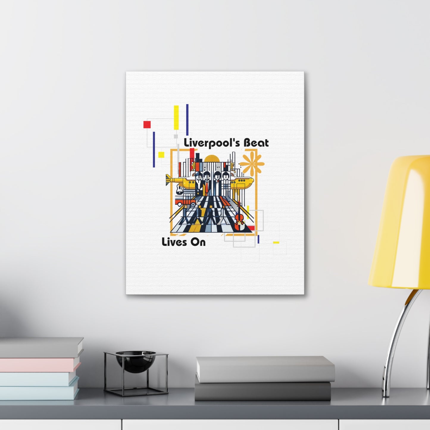 Bold Bauhaus-inspired canvas wrap featuring abstract geometric portraits of the Beatles in striking primary colors. Celebrate the legacy of the Fab Four with this vibrant wall art, perfect for rockband fans, vintage music lovers, and anyone seeking modern, artistic home decor. Ideal for custom print on canvas with sharp details and lasting colors.