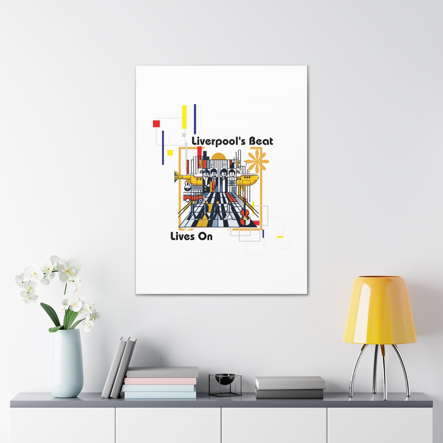 Bold Bauhaus-inspired canvas wrap featuring abstract geometric portraits of the Beatles in striking primary colors. Celebrate the legacy of the Fab Four with this vibrant wall art, perfect for rockband fans, vintage music lovers, and anyone seeking modern, artistic home decor. Ideal for custom print on canvas with sharp details and lasting colors.