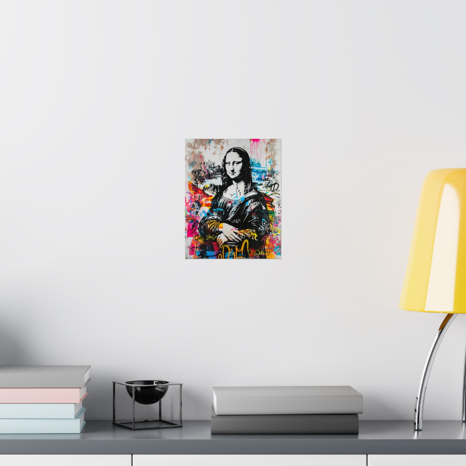 High-quality matte poster featuring a bold reinterpretation of the Monalisa in artpop urban graffiti style, blending classic elegance with edgy pop art for trendy modern spaces